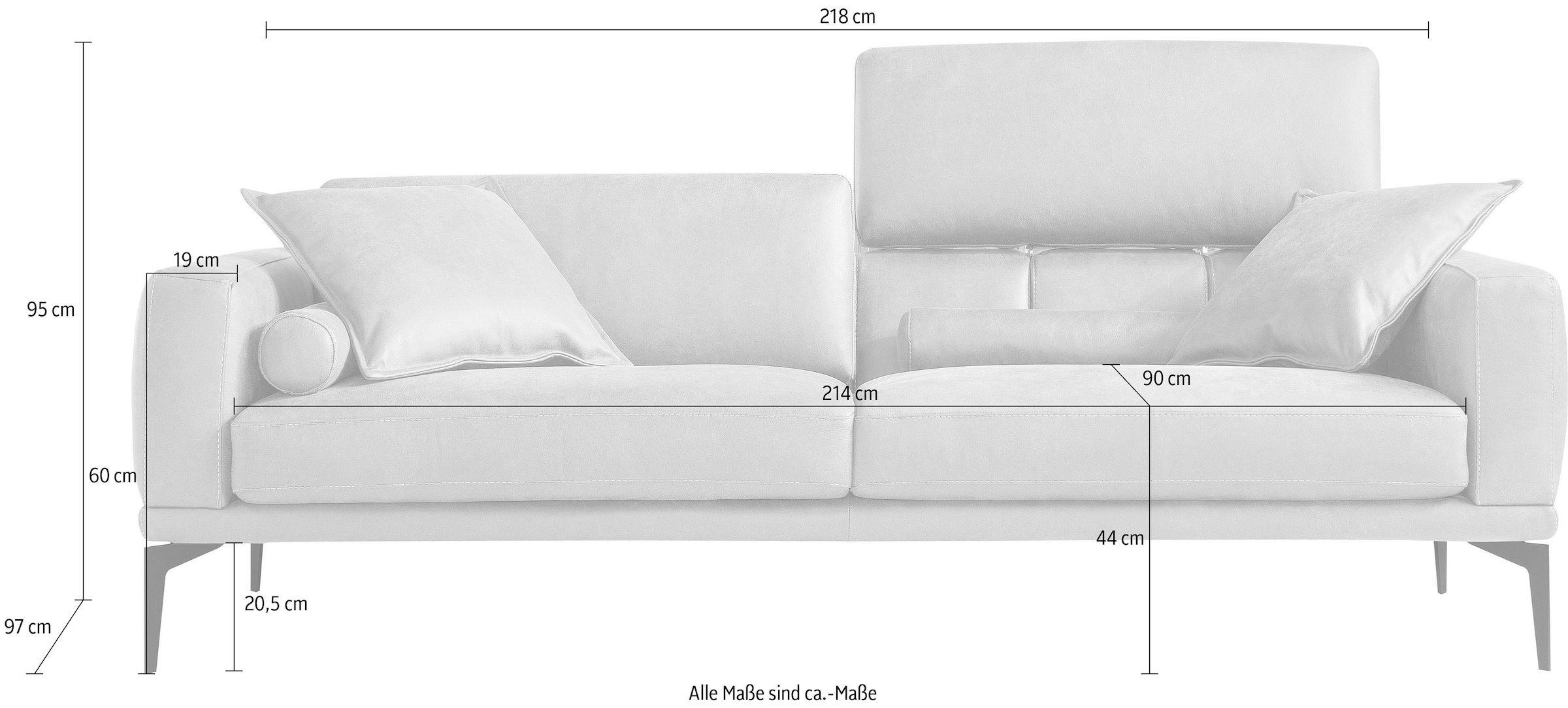Egoitaliano 2,5-Sitzer »Masu, Designsofa mit erstklassigem Sitzkomfort, Breite 218cm« inkl. 2 Kissenrollen, Rückenelemente manuell verstellbar, Metallfüße