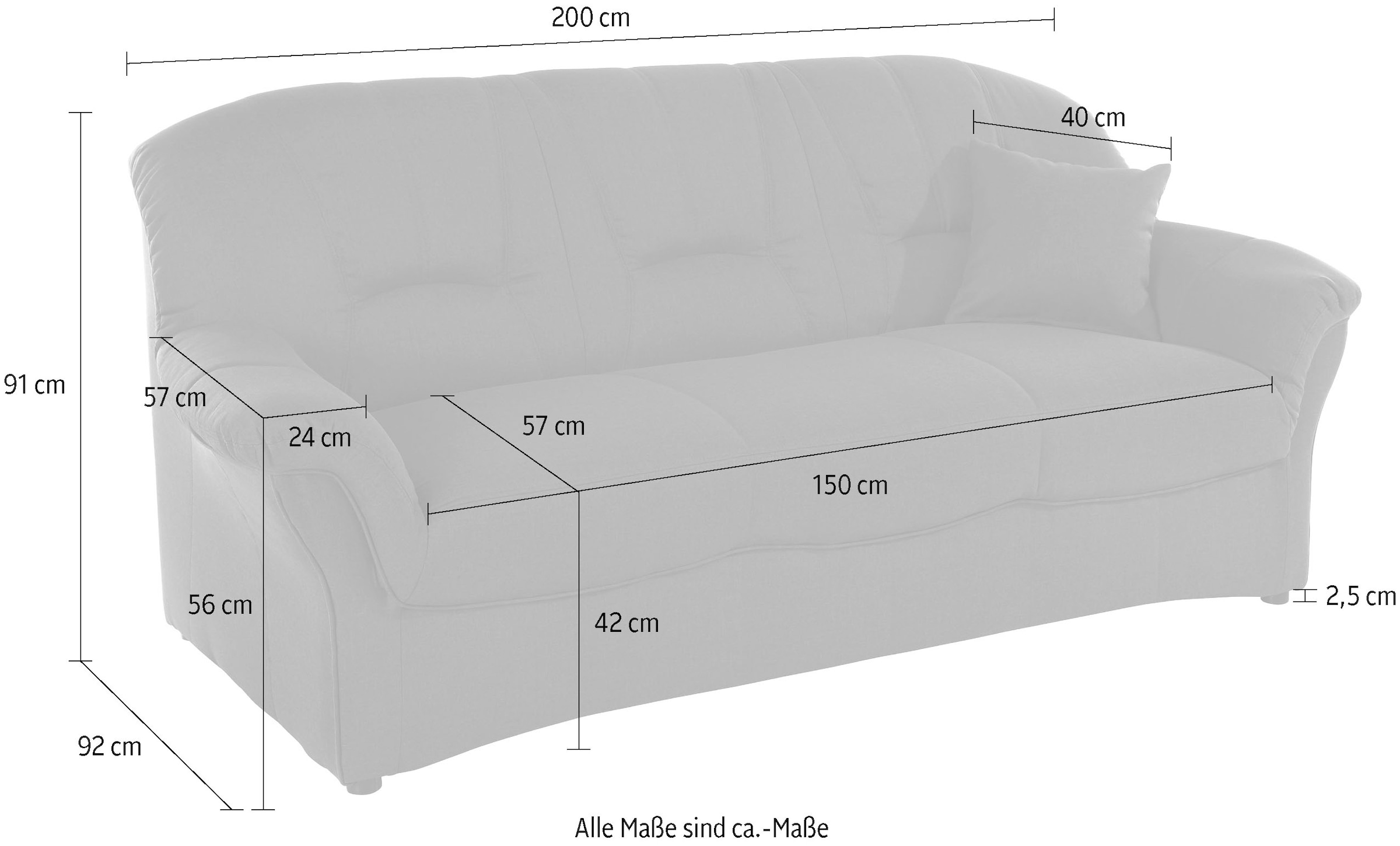 DOMO collection 3-Sitzer »Bahia Couch, B/T: 200/92 cm, belastbar bis 140kg/ Sitz, mit Federkern«, Microfaser MELROSE®, mocca