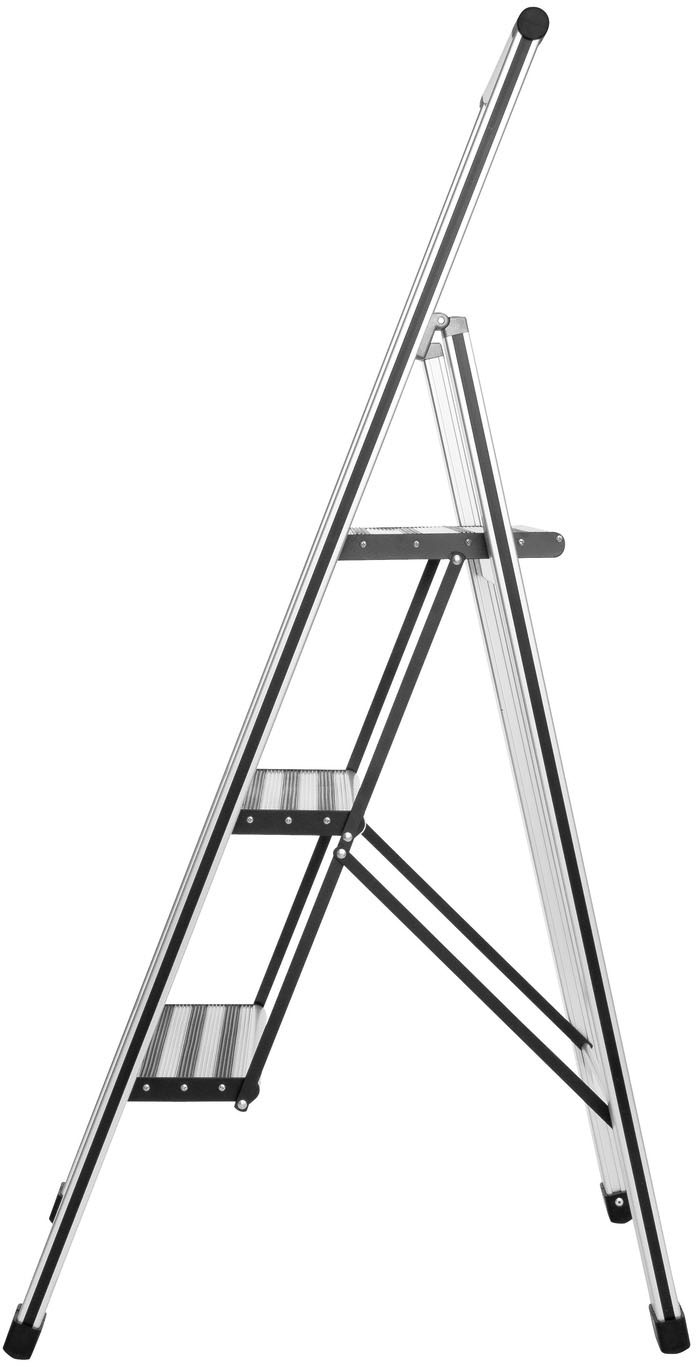 WENKO Trittleiter, 3-stufig, inkl. Leiternhalter, XXL-Stufen, flach klappbar, Aluminium