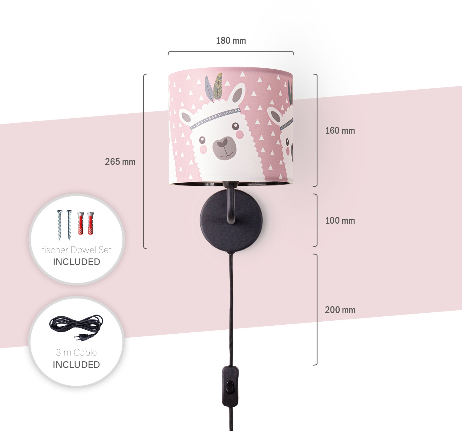 Paco Home Wandleuchte »Ela 214« E14 Kinderlampe Wandlampe  Mit Schalter Ø…18cm Lama Rosa Grau Kabel 3m E14