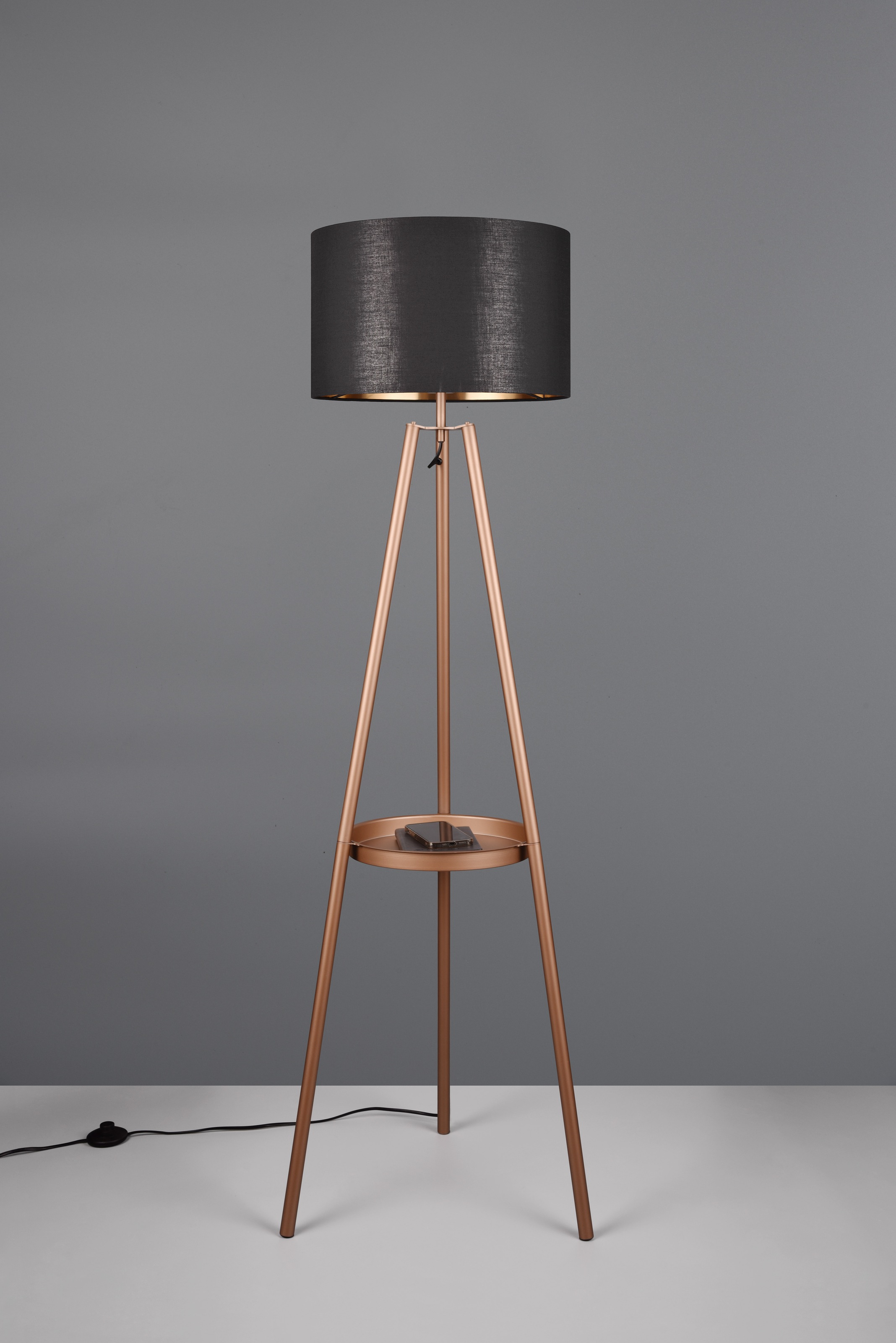 REALITY Leuchten Stehlampe »COLETTE, Stehleuchte Dreibein mit Ablagefläche exkl 1xE27 max 60W«, 1 flammig, Leuchtmittel E27 | Leuchtmittel wechselbar, Stehleuchte Ø 57cm mit Fußschalter moderne Farbkombination innen gold