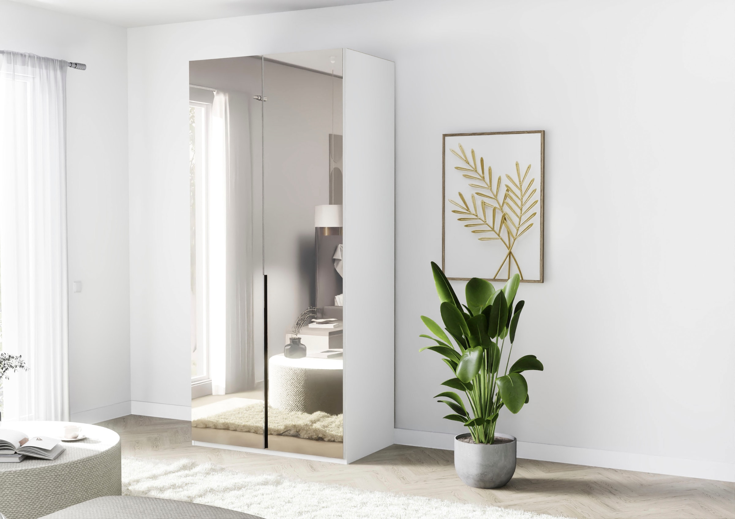 Musterring Drehtürenschrank »San Diego, Kleiderschrank, Schrank, Garderobe, mit Spiegel« weiß, Türen gedämpft,2 Höhen, mehrere Breiten, MADE IN GERMANY, 1 Stk. tlg. 2-türig (gedämpft), 2 Böden, 1 Kleiderstange, Chromgriffe