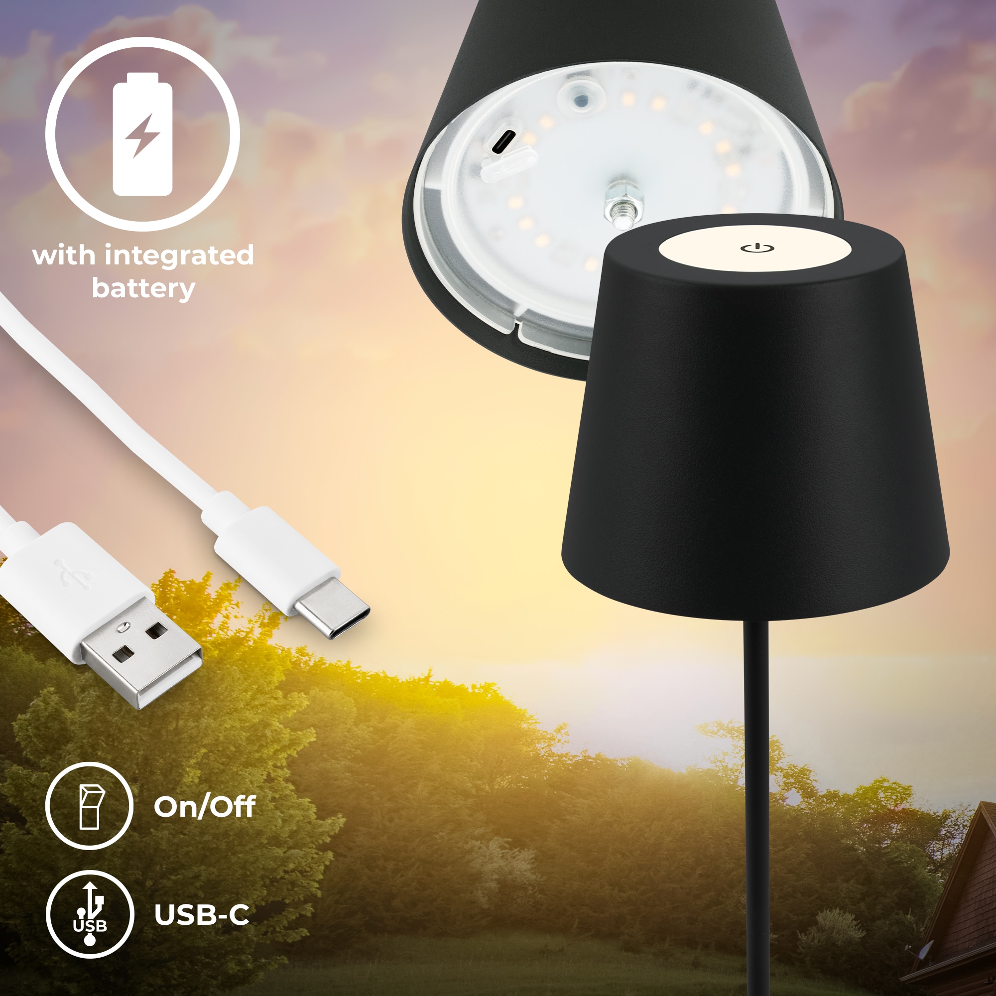 B.K.Licht Außen-Tischleuchte »BK_TL1595 Akku LED Tischlampe, 3-Stufen Touchdimmer, mit USB« LED-Modul 1 Stk. Extra-Warmweiß 2.700 K, 200 Lm, 2,5W, IP44, 12h Leuchtdauer, 36 x 10,5 cm, Schwarz