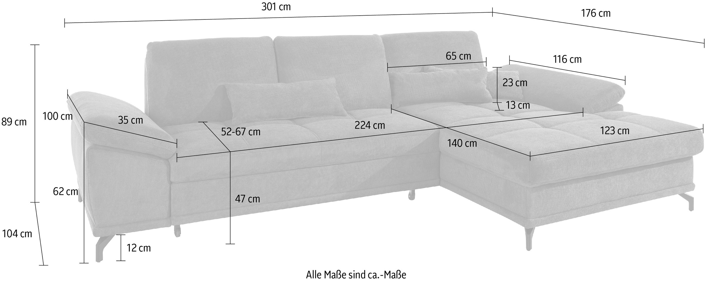 Places of Style Ecksofa Costello, mit Sitztiefenverstellung und Armlehnfunktion, incl. 3 Nierenkissen