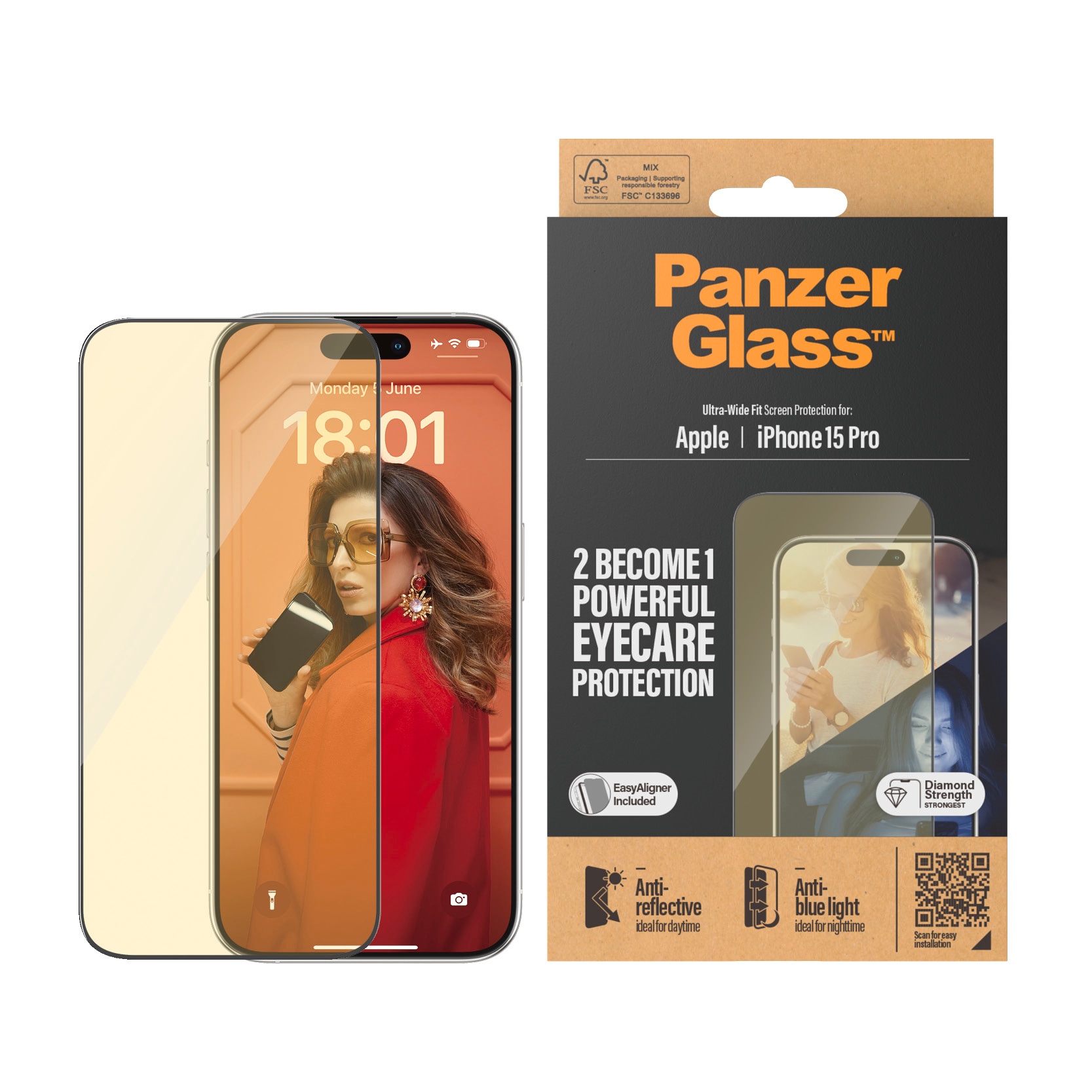 PanzerGlass Displayschutzglas »Eyecare Screen Protector«, für iPhone 15 Pro, Ultra Wide Fit