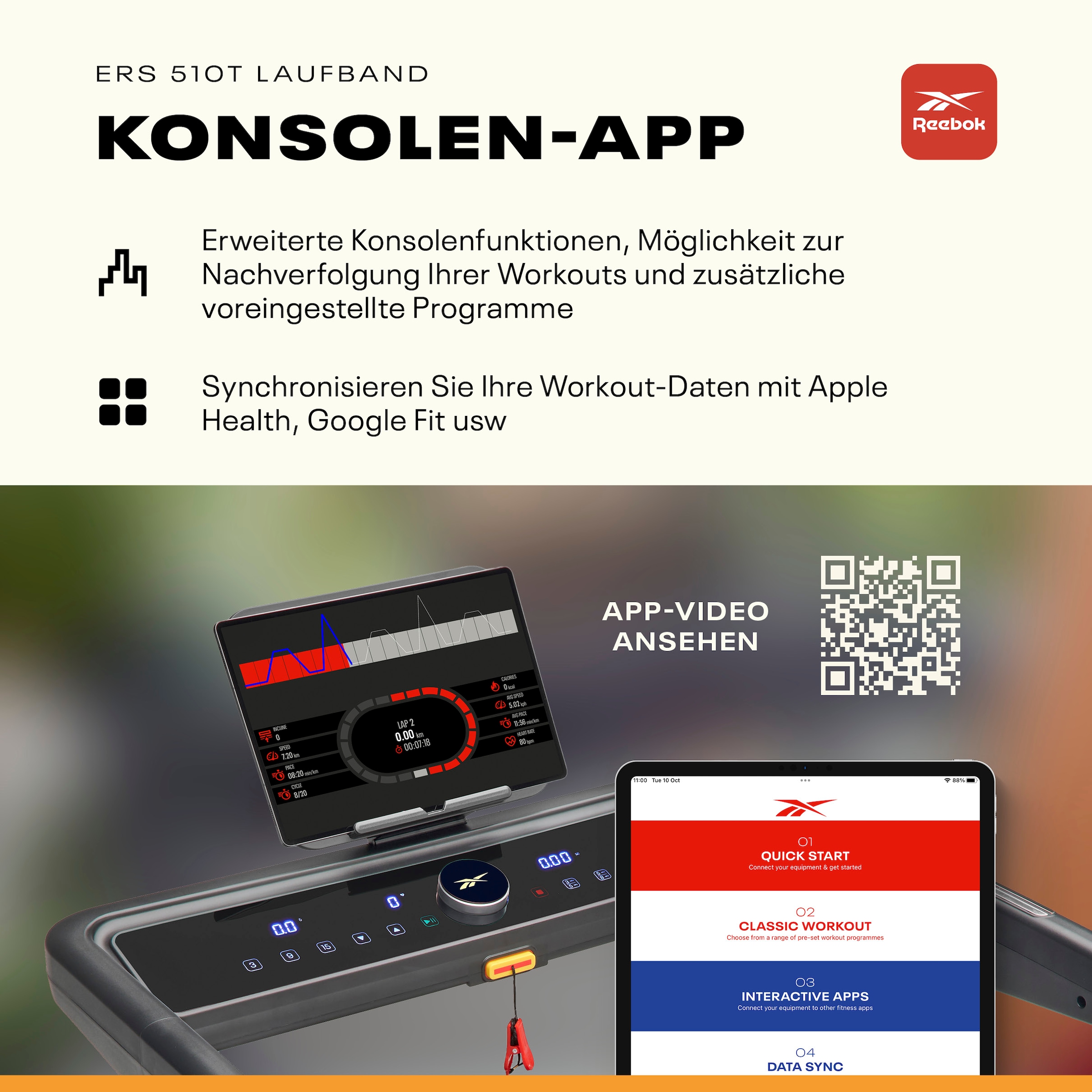 Reebok Laufband »Reebok ERS 510T Laufband – klappbar, 18 km/h« Suspension-Dämpfung, Soft-Drop-Klappsystem, 90% vormontiert