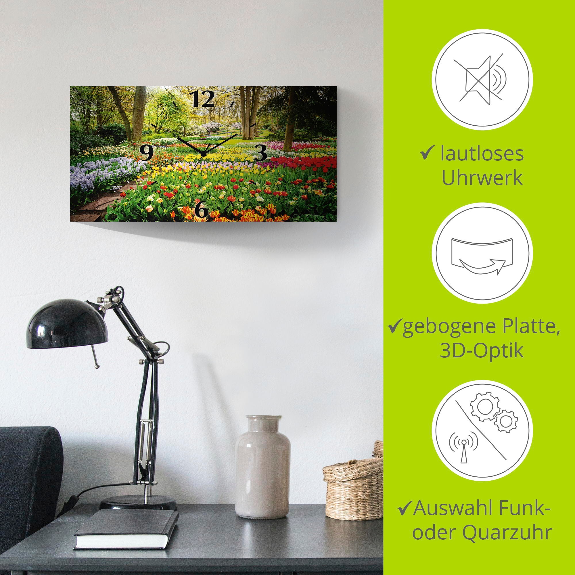 Artland Wanduhr »Tulpen Garten Frühling«, 3D Optik gebogen, mit Quarz- oder Funkuhrwerk, versch. Größen