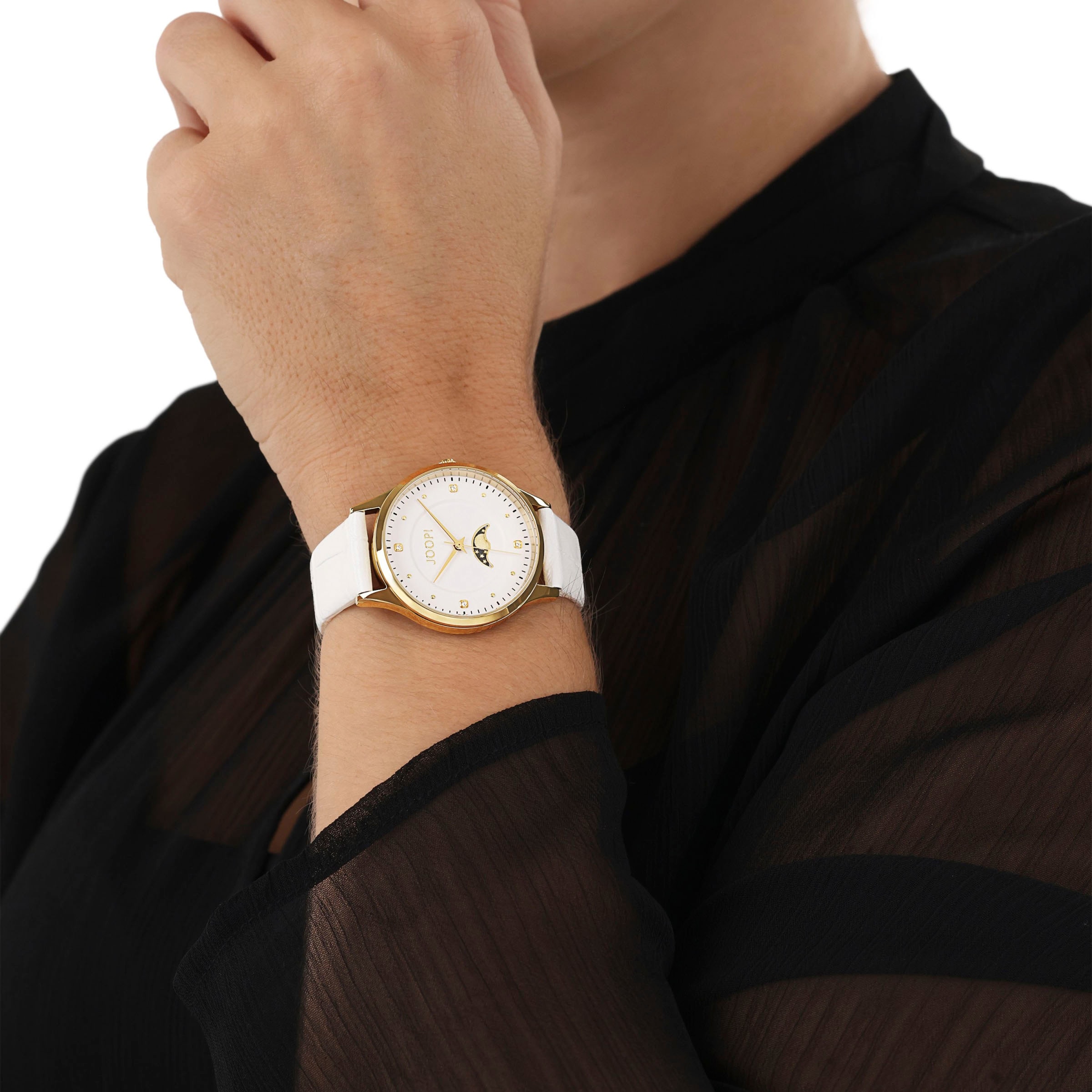 JOOP! Quarzuhr, Armbanduhr, Damenuhr, Lederarmband, analog,Zirkonia (synth.),Mondphase