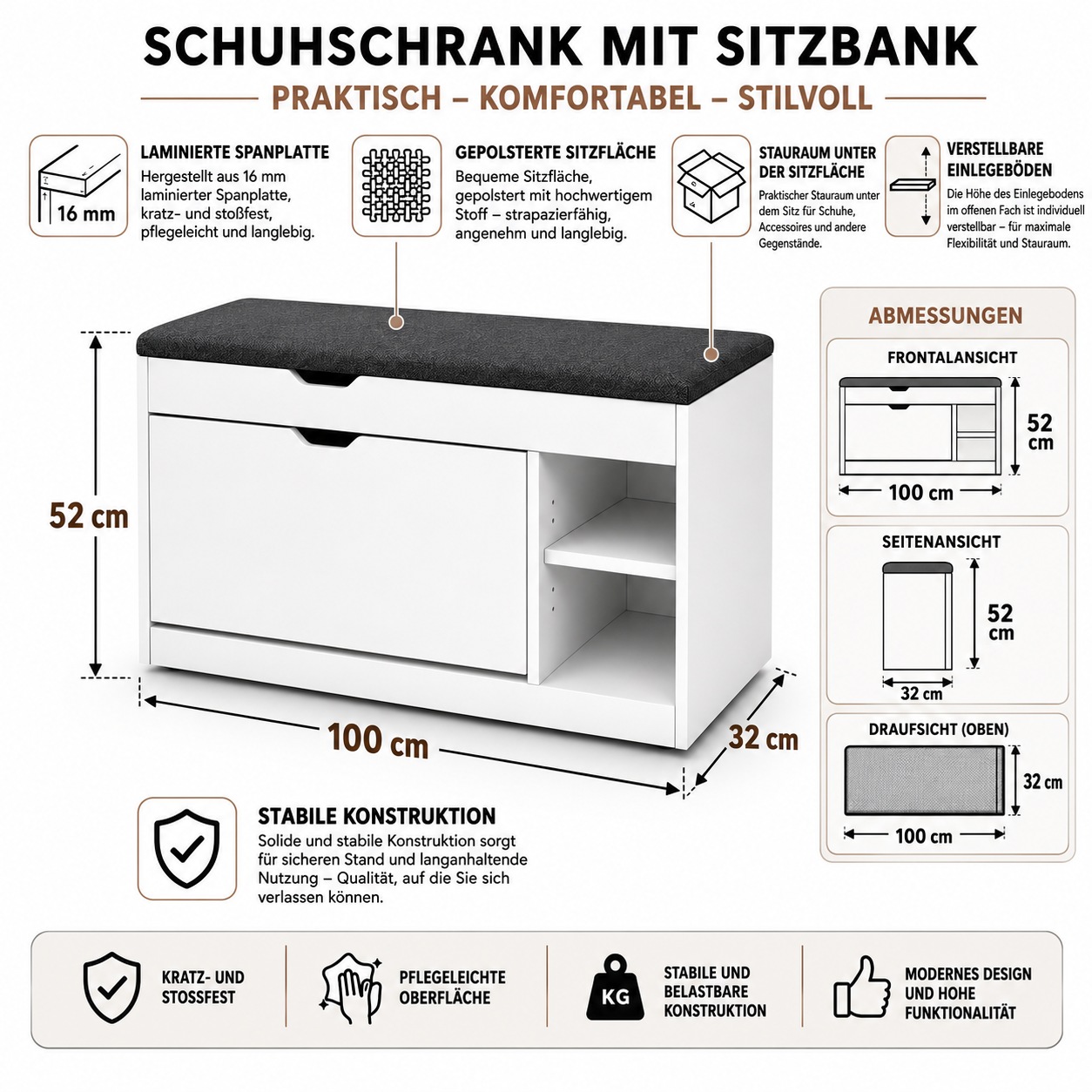 OTTO home Schuhbank »Eric, Schuhregal, Schuhtruhe, Schuhkommode, Sitzbank« Inkl. bequemem Sitzkissen, darunter 1 Klappe für Schuhe und 2 Fächer