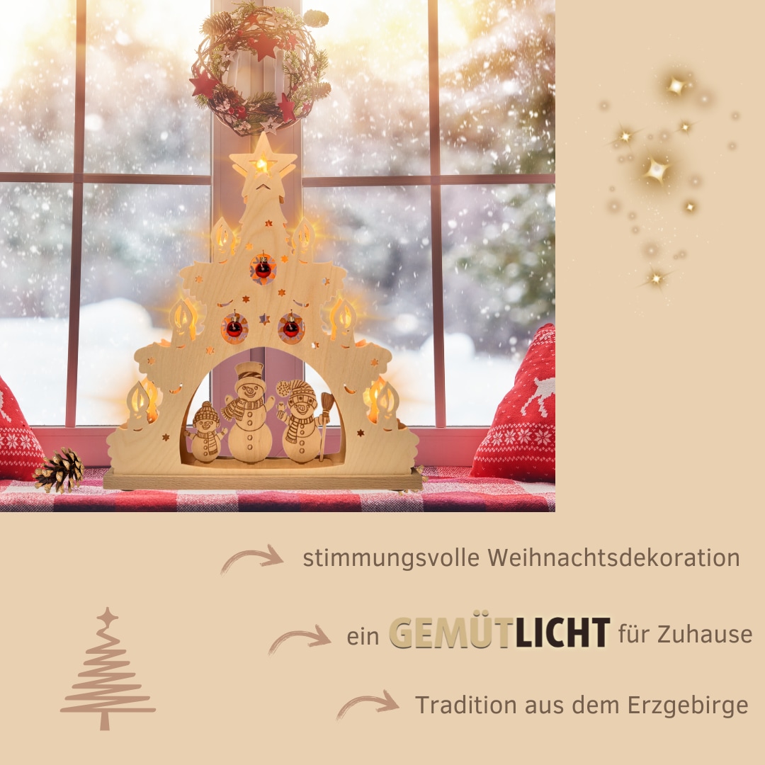 Weigla Schwibbogen »Schneemannfamilie mit roten Kugeln« Erzgebirge garantiert, Lichterspitze aus Buchenholz