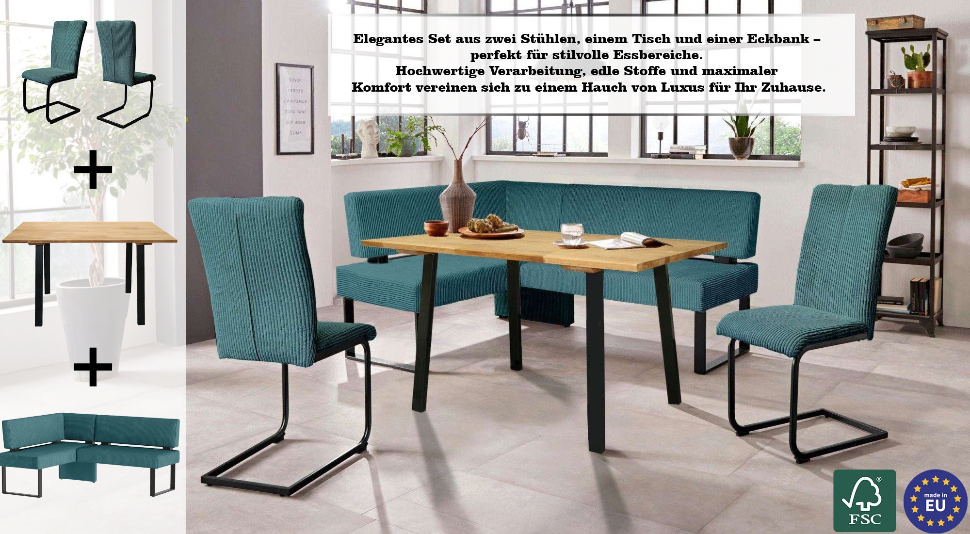 Home affaire Eckbankgruppe »Oliver« Set, 4-tlg, 4 Stk. tlg. Eckbank mit Wellenunterfederung im Sitz, Tisch Massiv Eiche