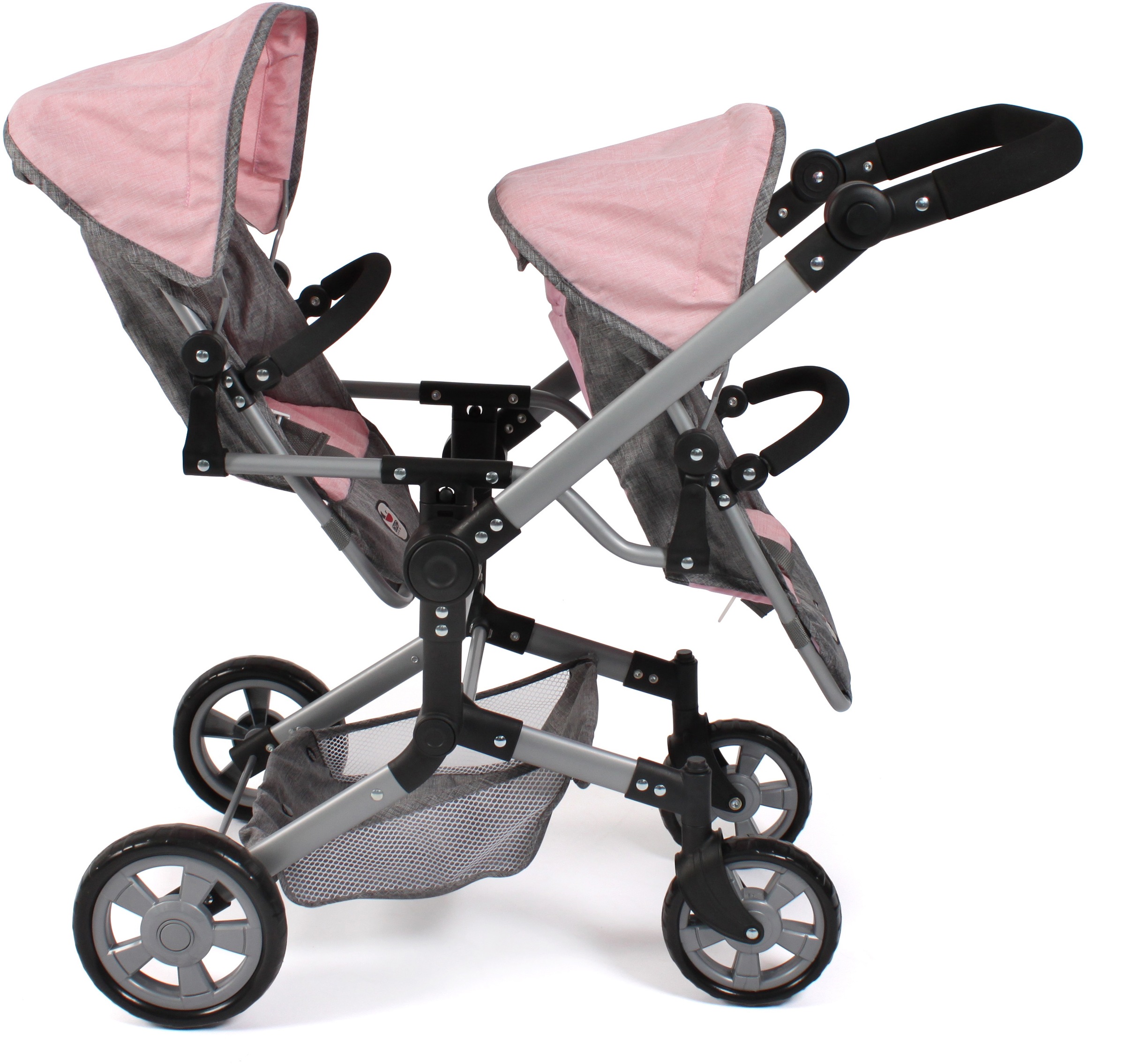 CHIC2000 Puppen-Zwillingsbuggy »Linus Duo, Grau-Rosa«, mit zwei abnehmbaren, bis in Liegeposition verstellbaren Sportsitzen