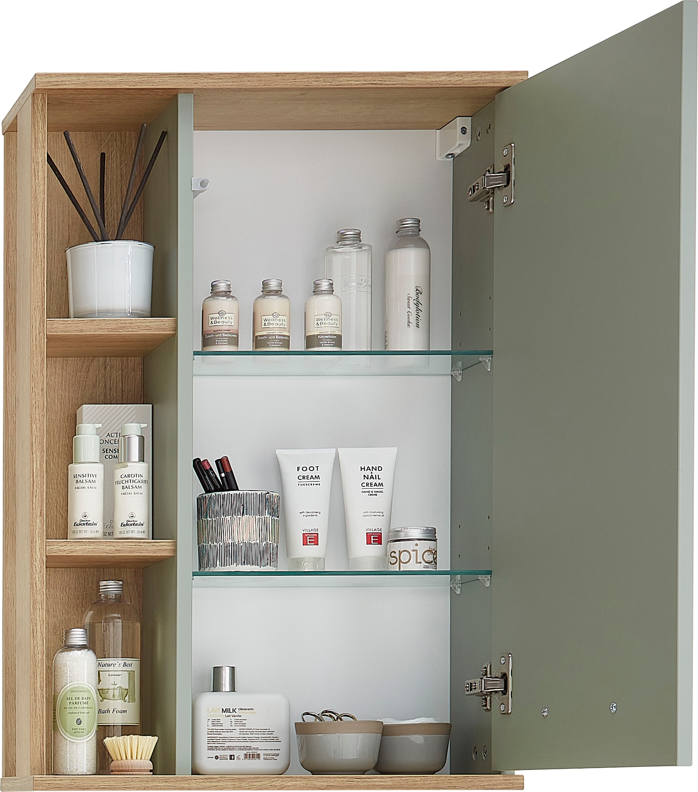 Saphir Hängeschrank »Quickset Badschrank 50,5 cm breit mit 1 Tür und 2 Glas-Einlegeböden«, Badezimmer-Hängeschrank inkl. Türdämpfer, Holzgriffe