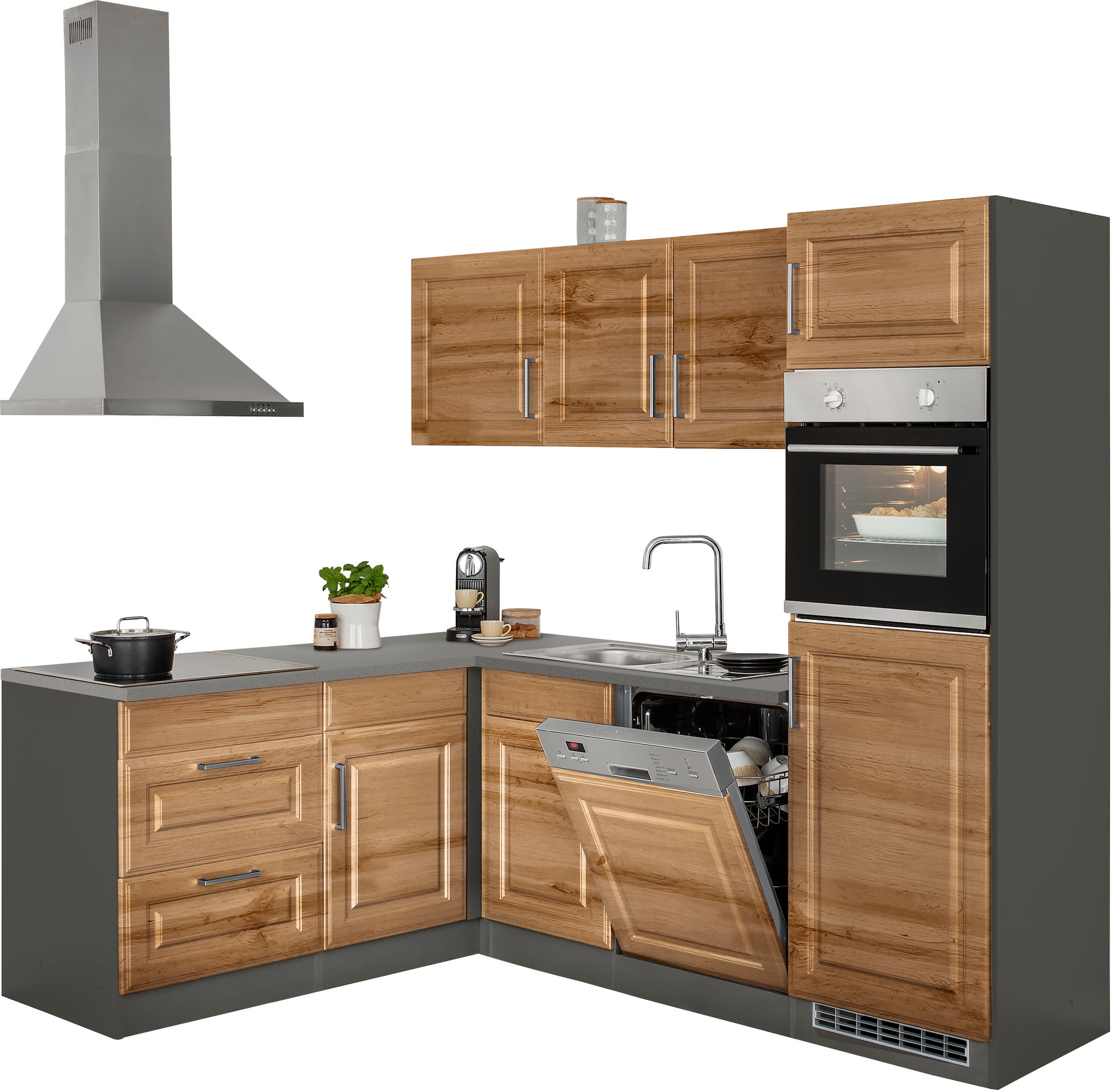 KOCHSTATION Winkelküche »KS-Stockholm«, Stellbreite 230/170 cm, mit hochwertigen MDF Fronten im Landhaus-Stil