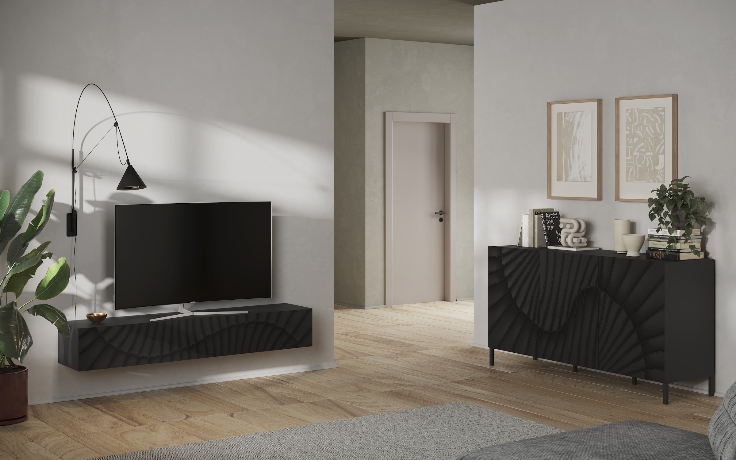 INOSIGN Lowboard »Snake Breite 180 cm, modernes TV-Board hängend mit 1 Klappe,«, TV-Möbel, TV-Schrank, Front mit Siebdruck