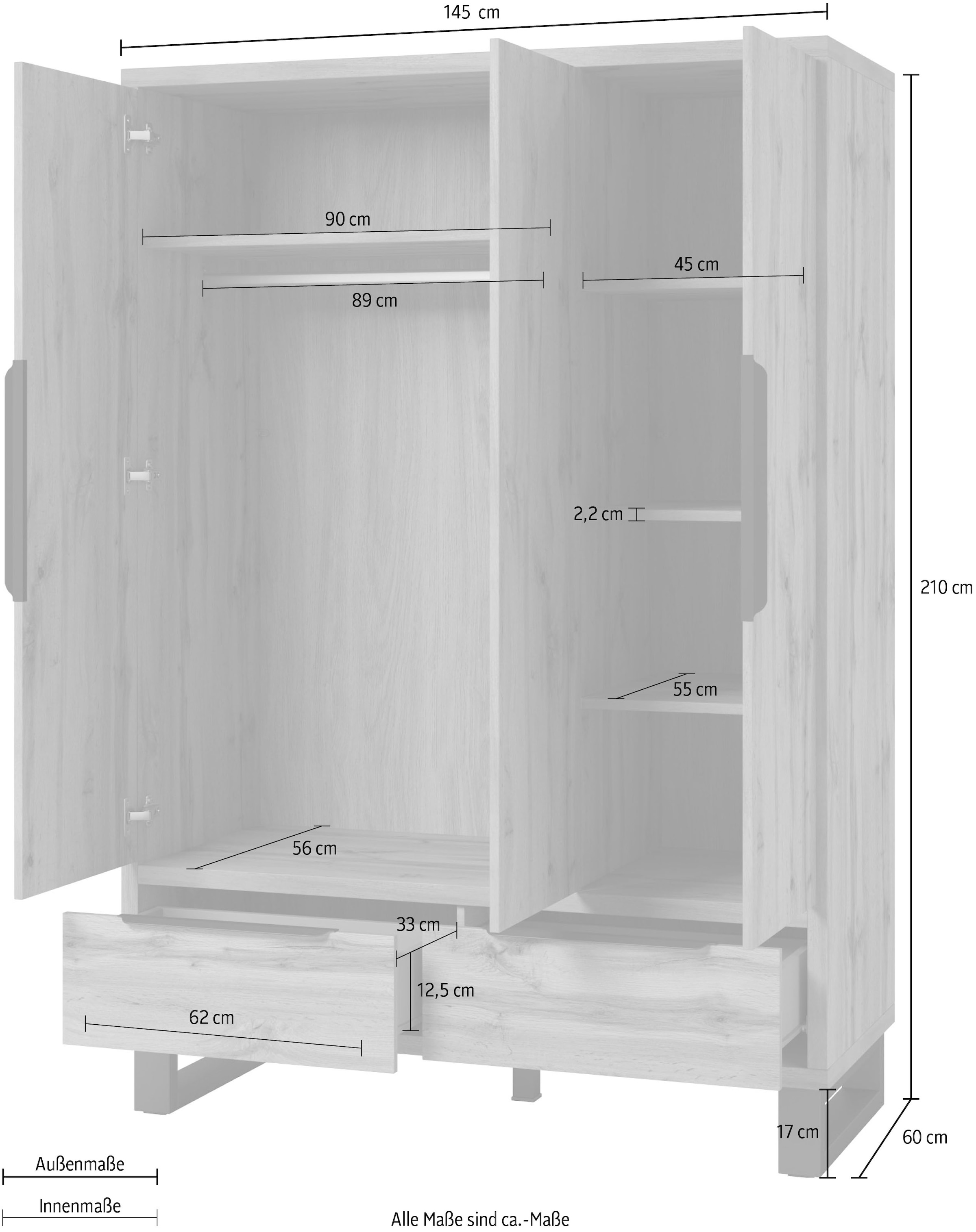 Home affaire Drehtürenschrank »Bronne,Breite 145 cm, Wäscheschrank inclusive Innenausstattung«, Kleiderschrank, 2 Schubladen, Metallgriffe, Garderobe