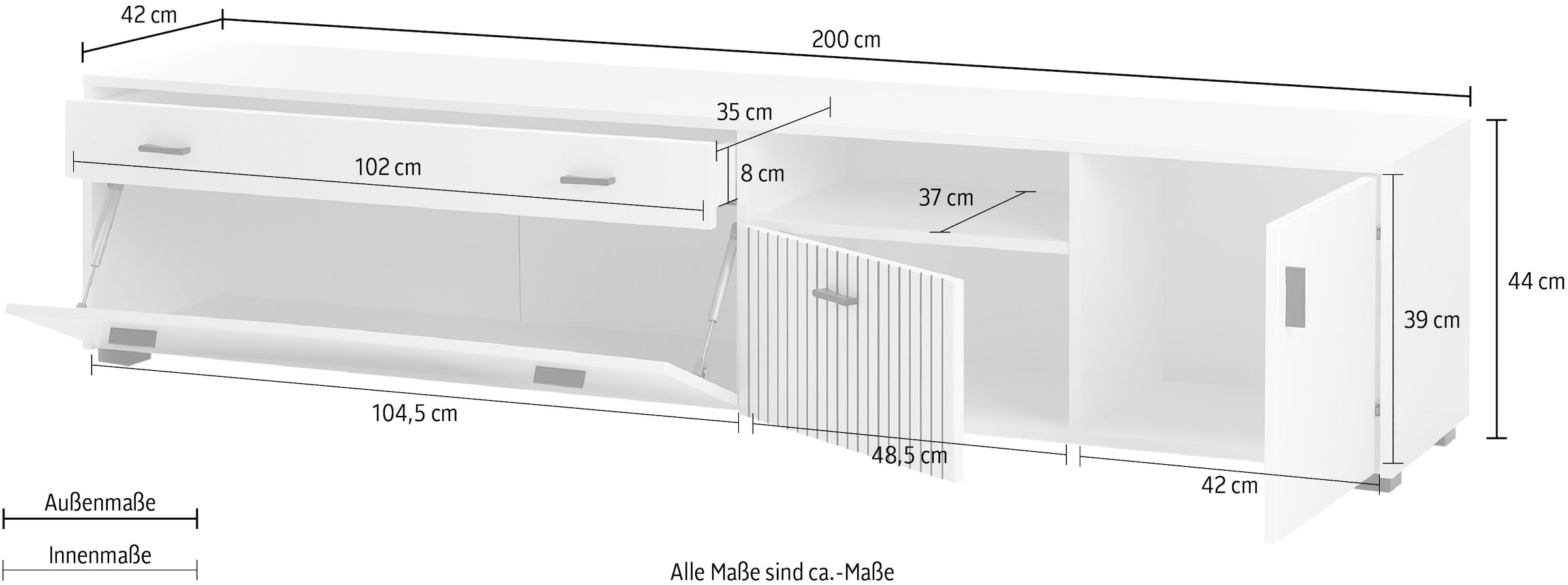 INOSIGN Lowboard »Hudson«, in moderner Trendfarbe, Griffe aus Metall (Schwarz), Breite 200 cm