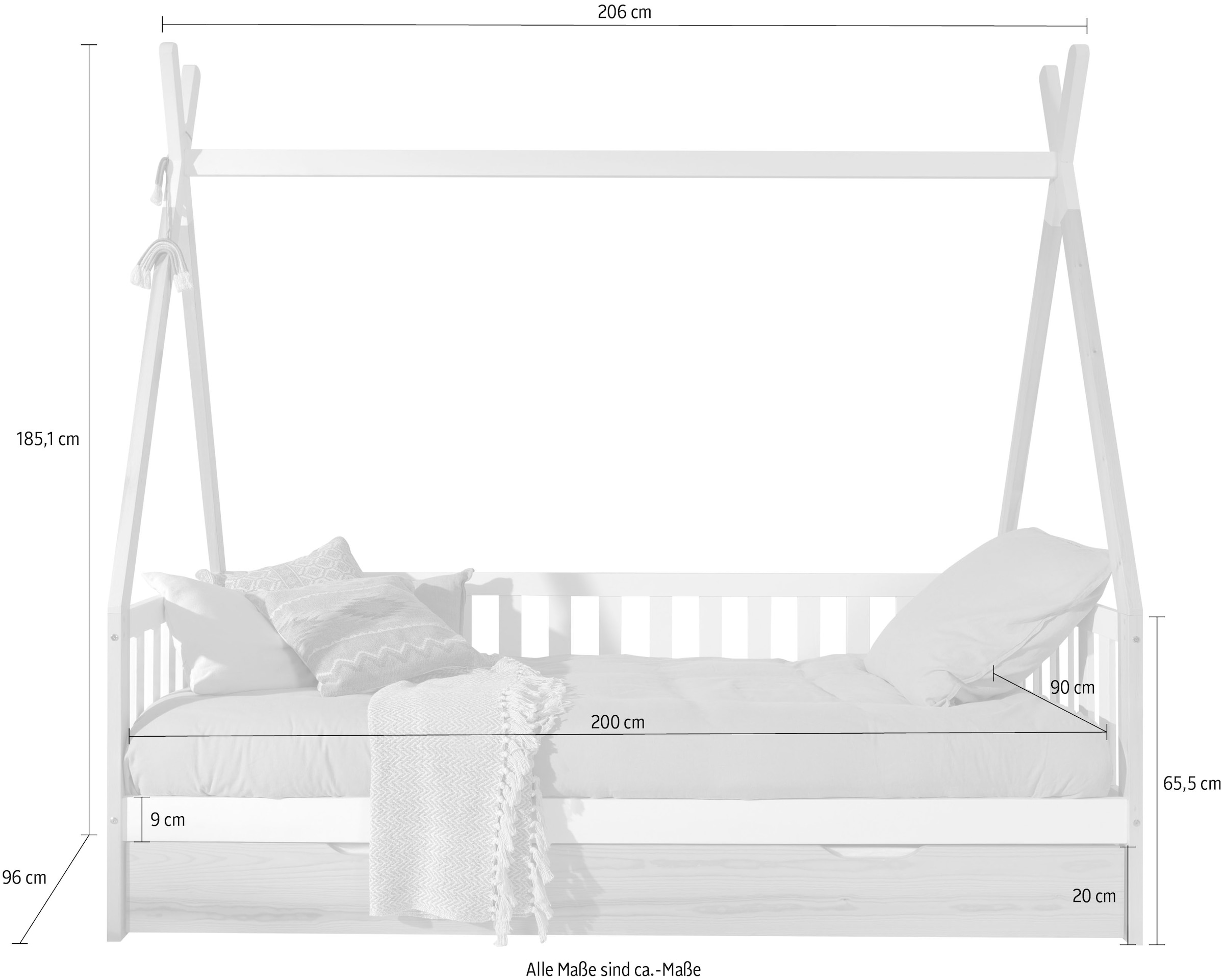 Vipack Kinderbett »Tipi, mit Querstange in Zelt-Optik, Kiefer massiv«, (B/H/T ca. 206x185,1x96cm, seitliche Sprossenumrandung), inklusive Rolllattenrost und wahlweise mit Bettschublade