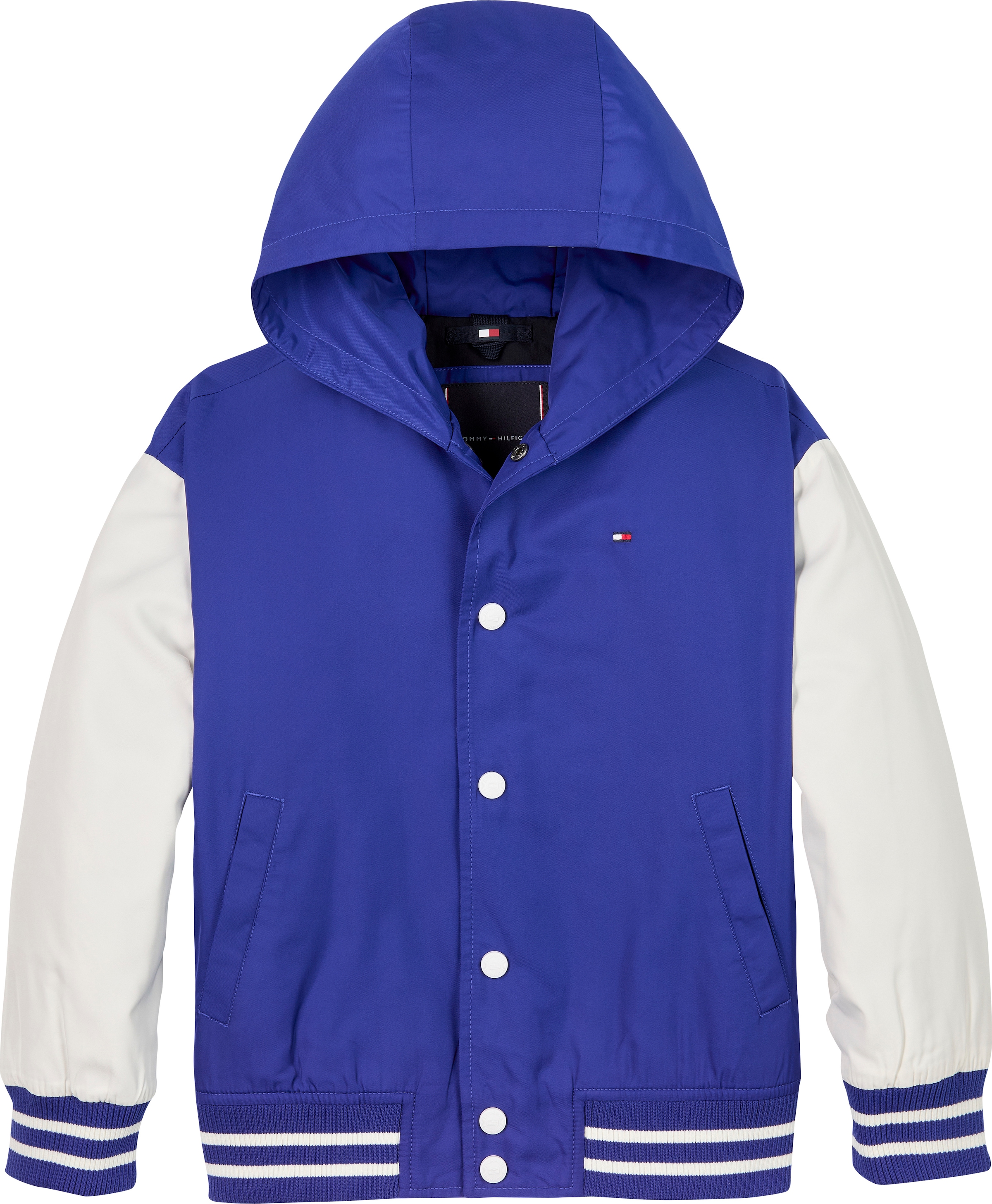 Tommy Hilfiger Bomberjacke »HOODED GRAPHIC BOMBER«, mit Kapuze, mit großem Logo, Kontrast-Streifen