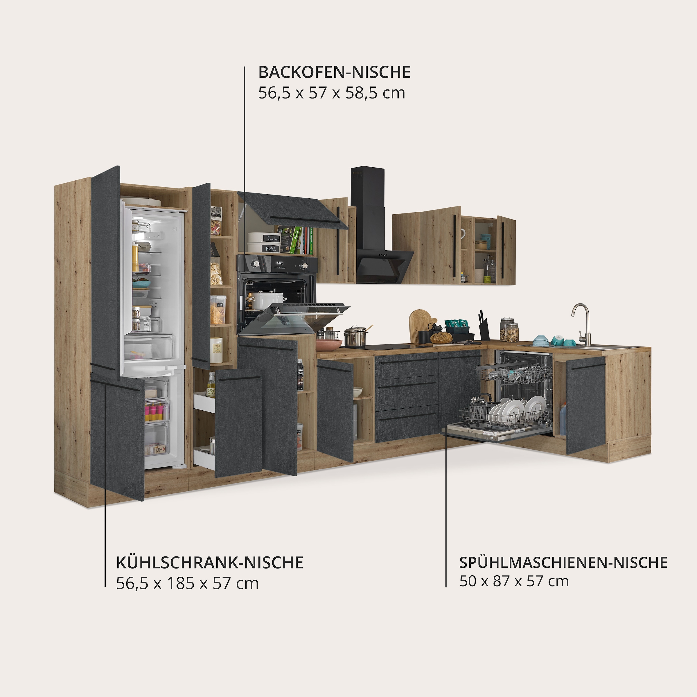 KOCHSTATION Winkelküche »Florida, Stellbreite 370x175 cm« wahlweise mit E-Geräten, mit Softclose für Türen und Schubkästen