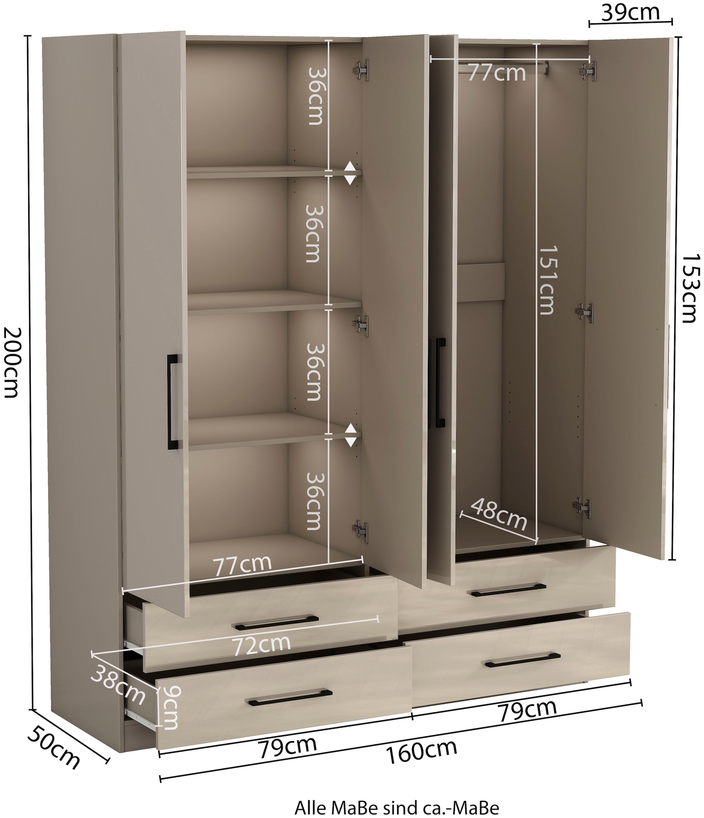 OTTO home Kleiderschrank »Sylt Schlafzimmerschrank Bestseller mit hochglänzenden Fronten« Drehtürenschrank mit 4 Schubladen und 4 Türen,  Schrank in Breite 160 mit viel Stauraum