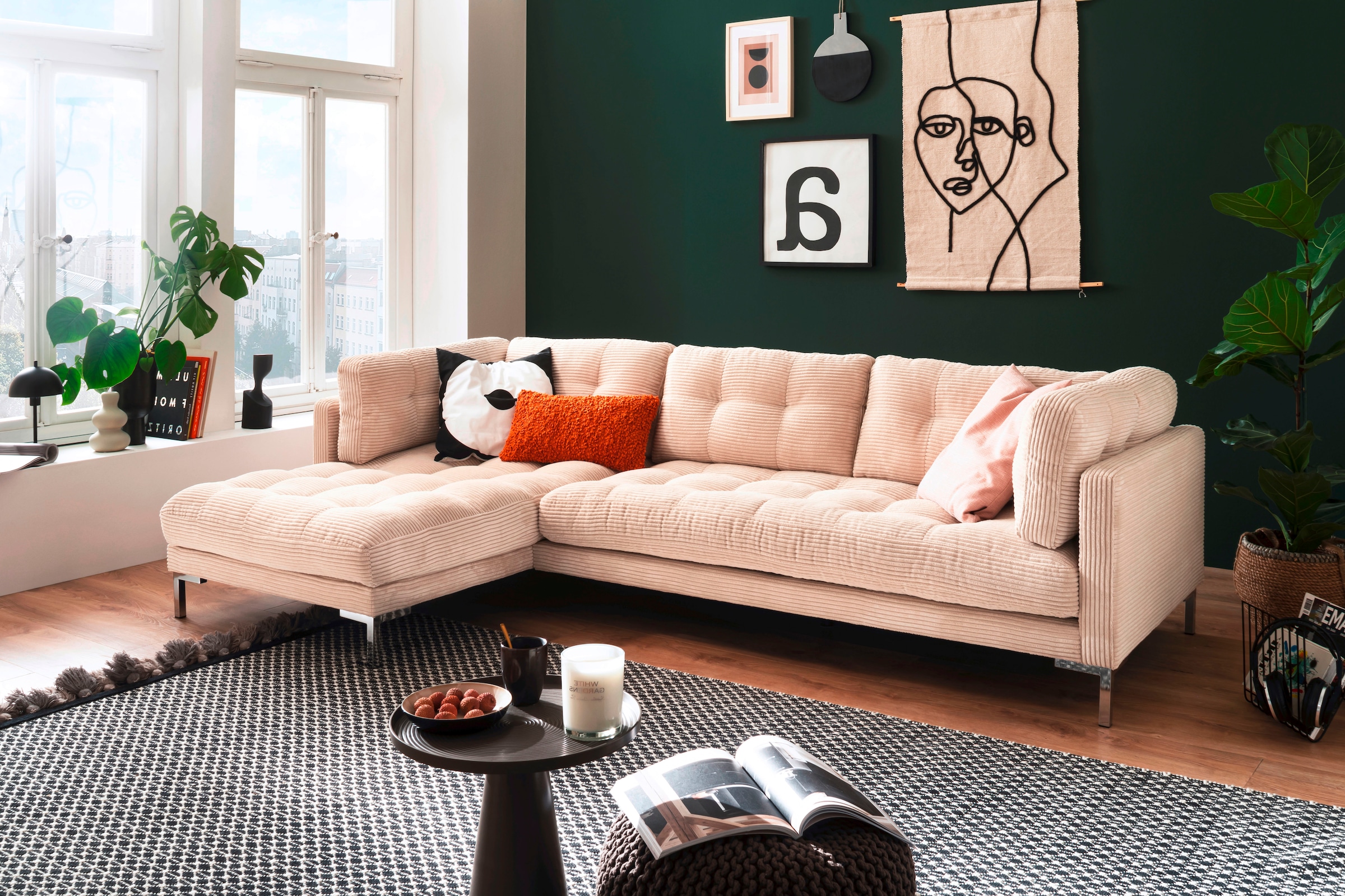 Trends by HG Ecksofa »Landau L-Form«, in Cord-Stoff mit Metallfuß