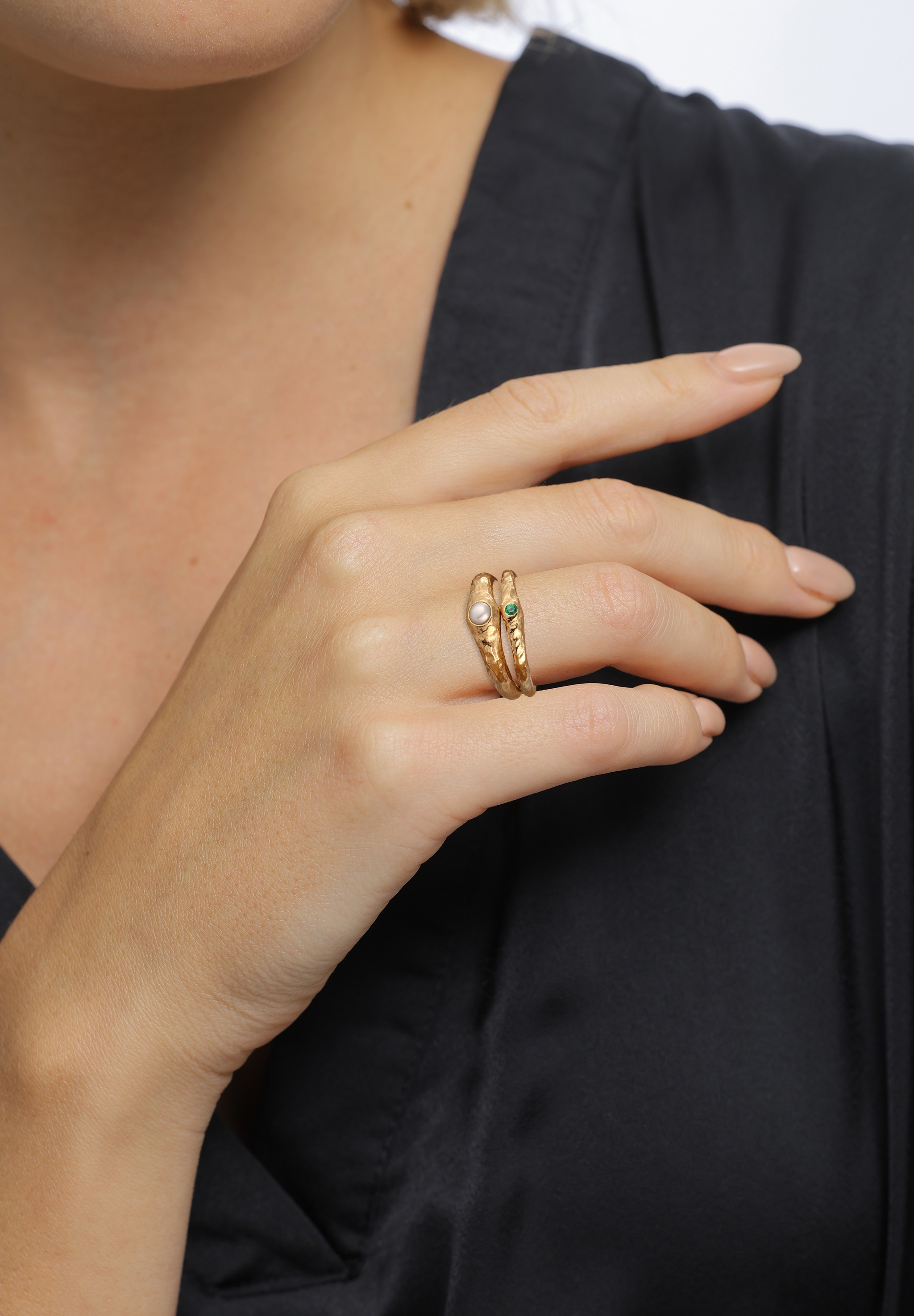 Elli Premium Ring-Set »Ring Set mit Perle Synthetischer Smaragd Grün 925 Sterling Silber vergoldet«