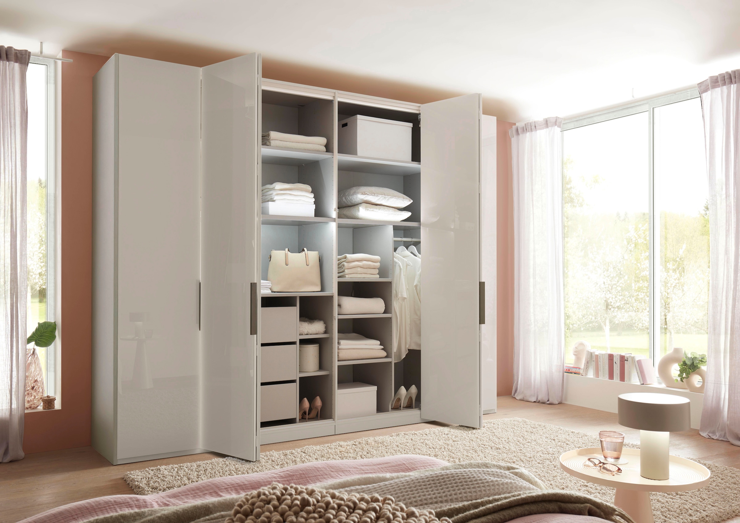 WIEMANN Falttürenschrank »Ohio, Kleiderschrank, Schrank, Garderobe, mit Glasfront, 300 cm« inklusive Einlegeböden & Kleiderstangen, 2 Höhen, MADE IN GERMANY,  inklusive Türdämpfung, hochwertige Glasfront