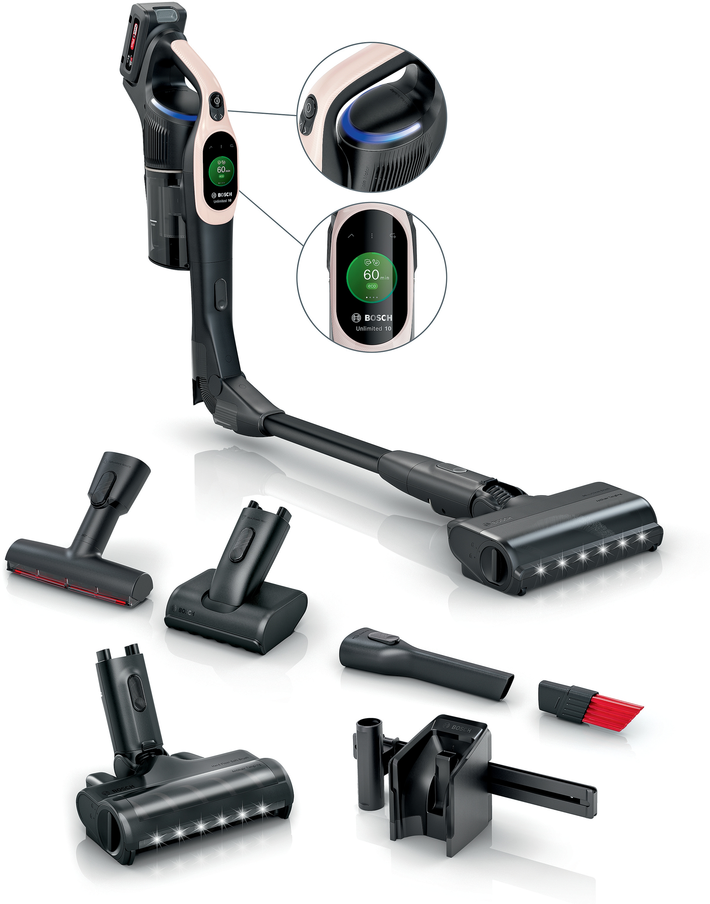 BOSCH Akku-Stielstaubsauger »Unlimited 10 BKS1041RHF, MicroClean™ Technology, Display, Knickrohr« HEPA-Filtersystem, 10 Jahre Motorgarantie, LED-Licht, powder rose