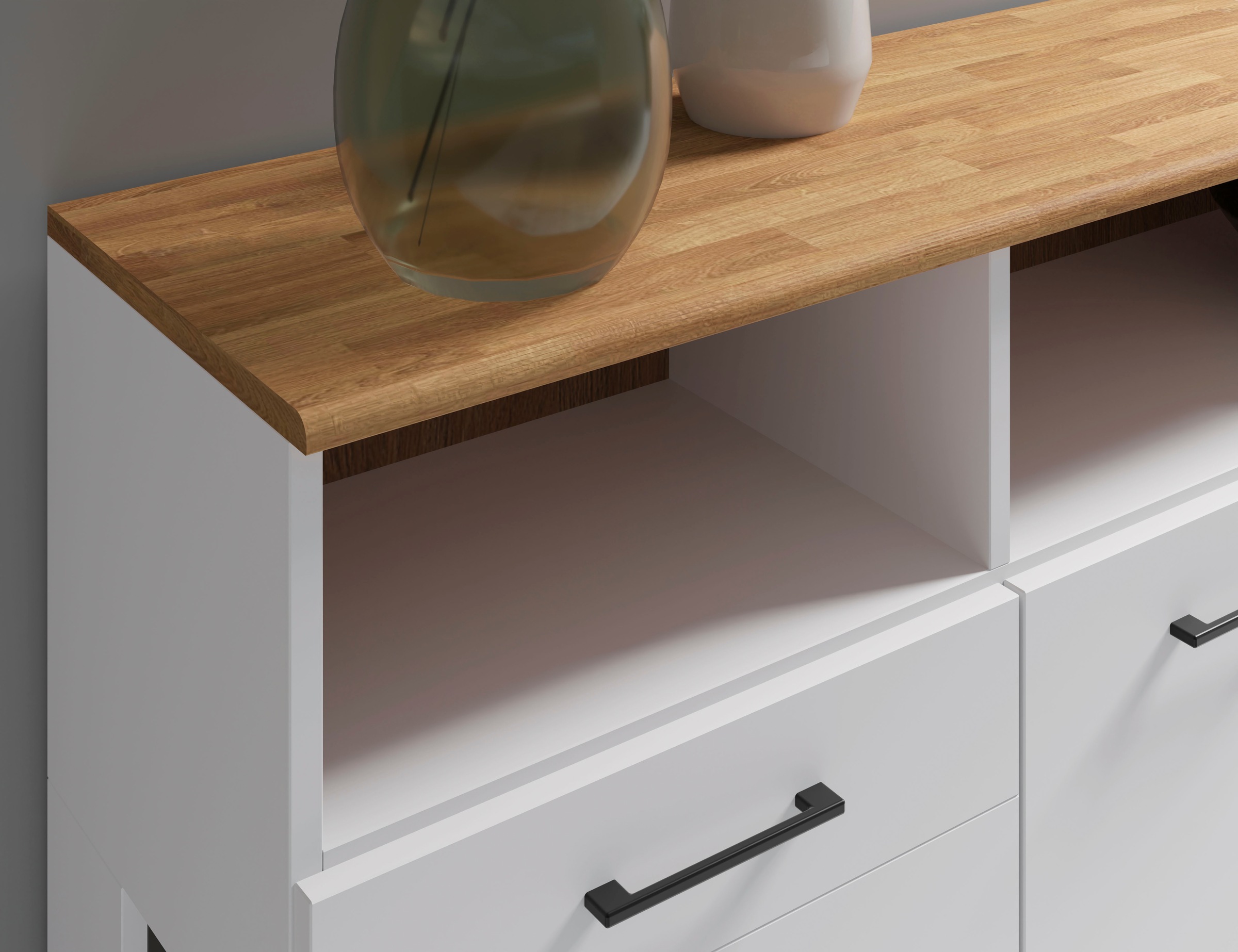 Home affaire Sideboard »Ribe,180cm breit,Oberplatte aus Massivholz, 9 Fächer«, Oberplatte Massivholz,schwarze Metall Griffe,2 Türen mit Glaseinsatz