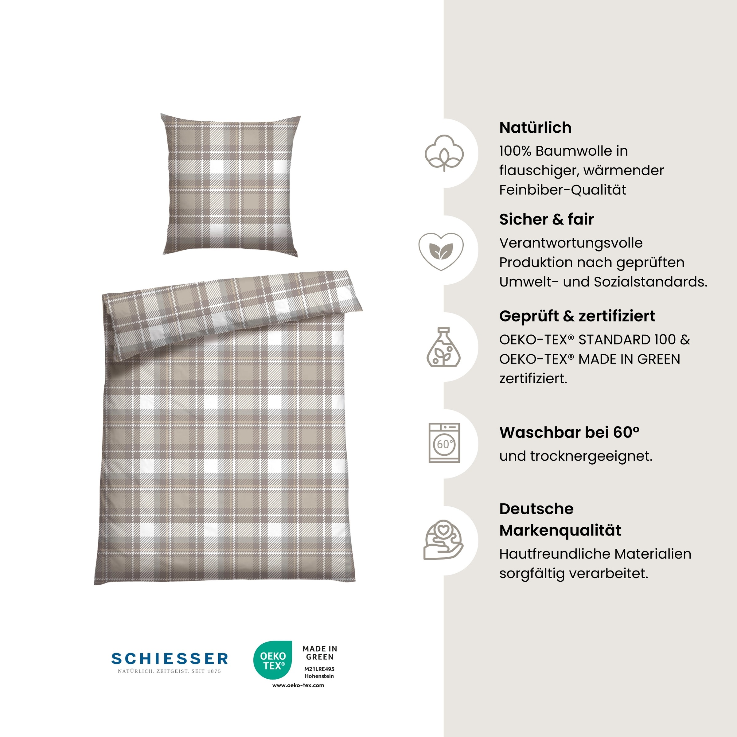 Schiesser Bettwäsche »Metor aus weichem Baumwollflanell mit Winterkaros« 2 Stk. tlg. Made in Green