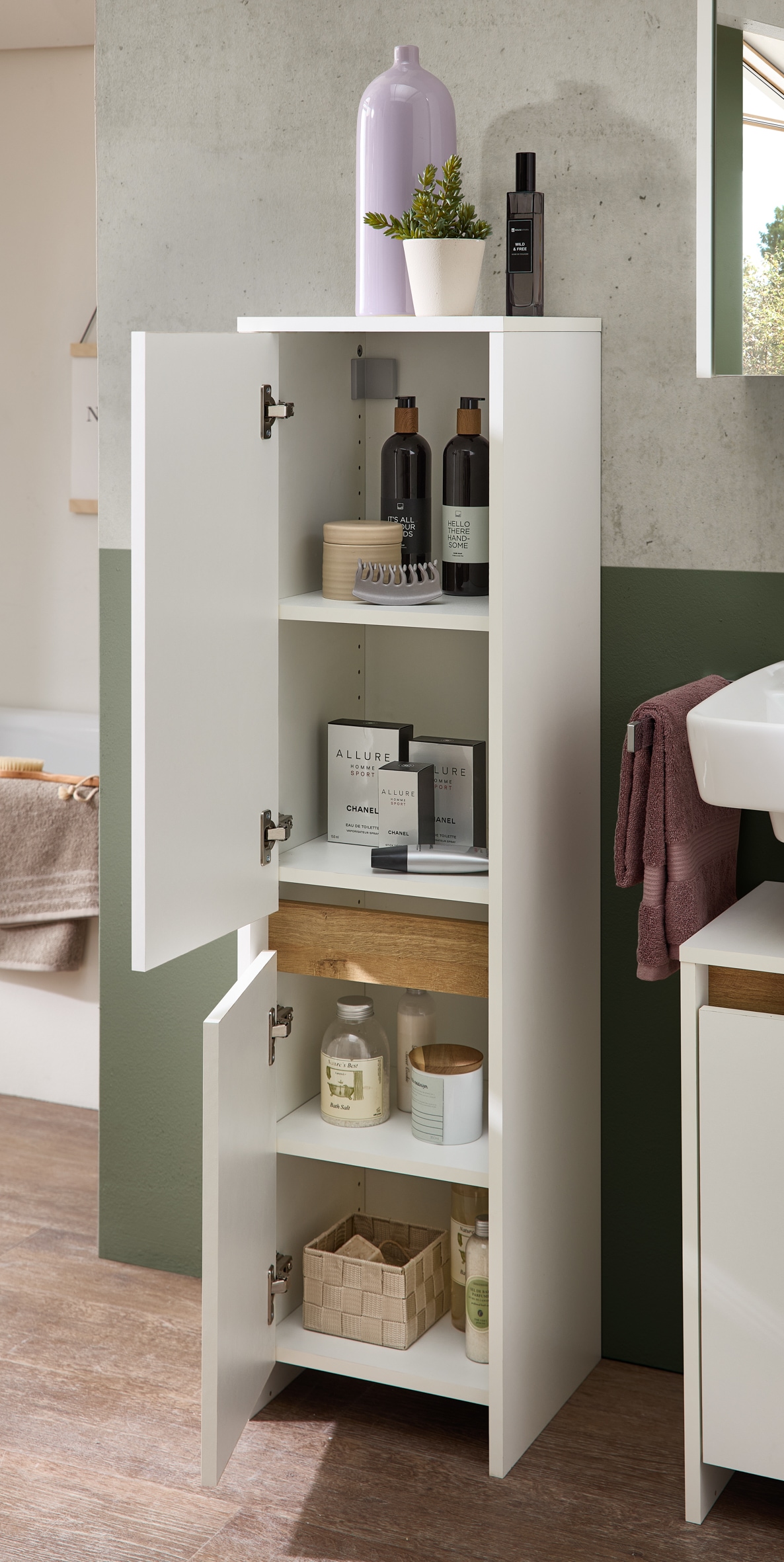 Saphir Midischrank »Quickset 100, Badschrank 32,4 cm breit, 2 Türen«, 2 Einlegeböden, Badezimmer-Midischrank, mit Akzentfuge
