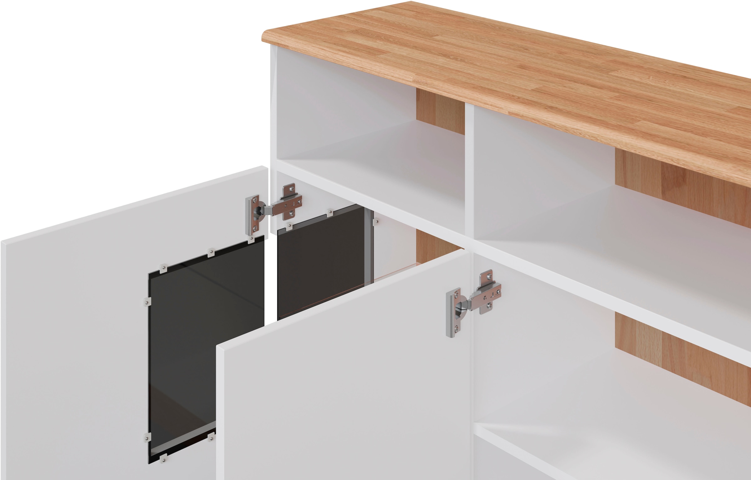 Home affaire Sideboard »Ribe,180cm breit,Oberplatte aus Massivholz, 9 Fächer«, Oberplatte Massivholz,schwarze Metall Griffe,2 Türen mit Glaseinsatz