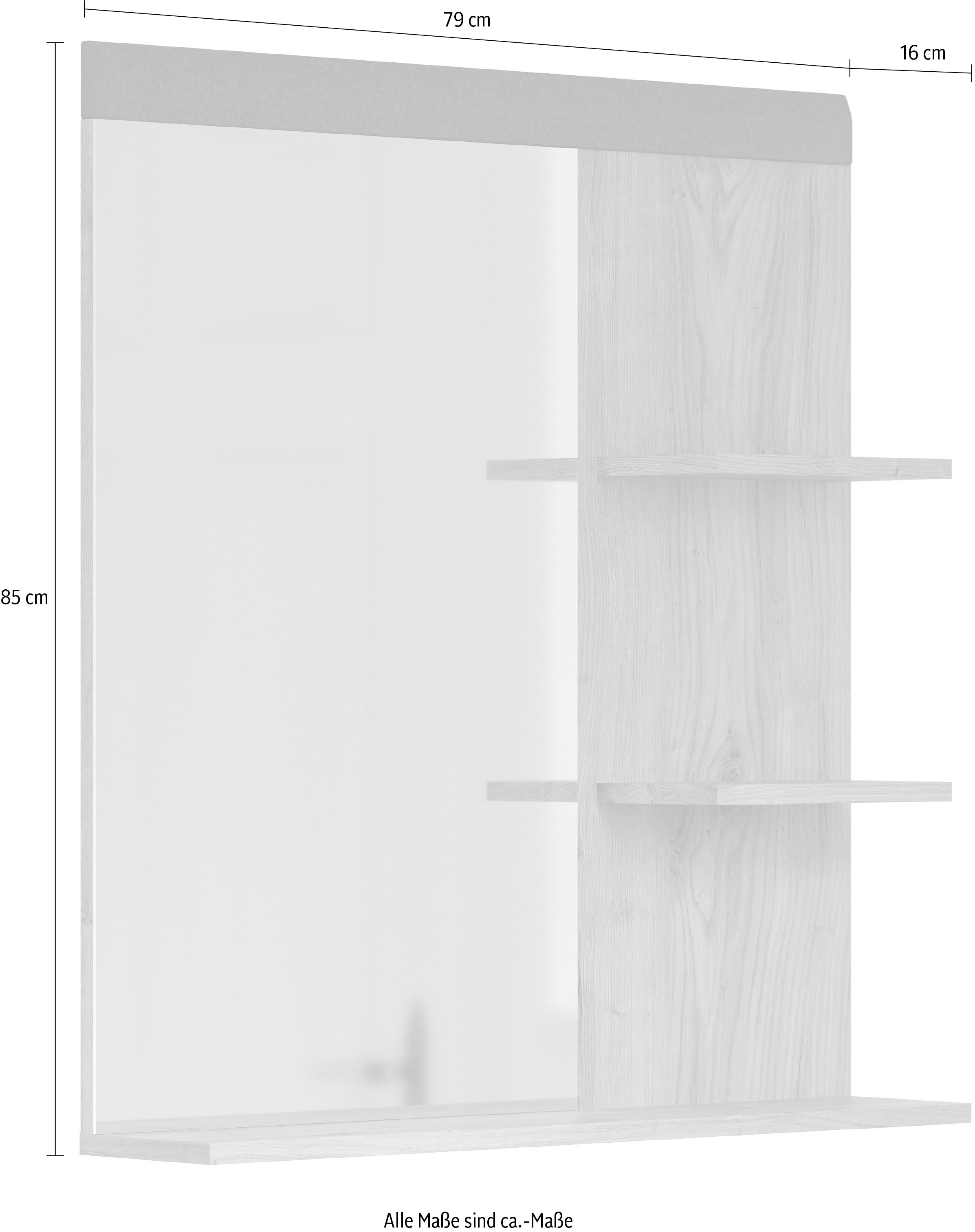 Places of Style Garderobenspiegel »Belva«, (1 St.), eichefarbener Wandspiegel mit 3 Ablagen - (B/T/H) 79/16/85 cm
