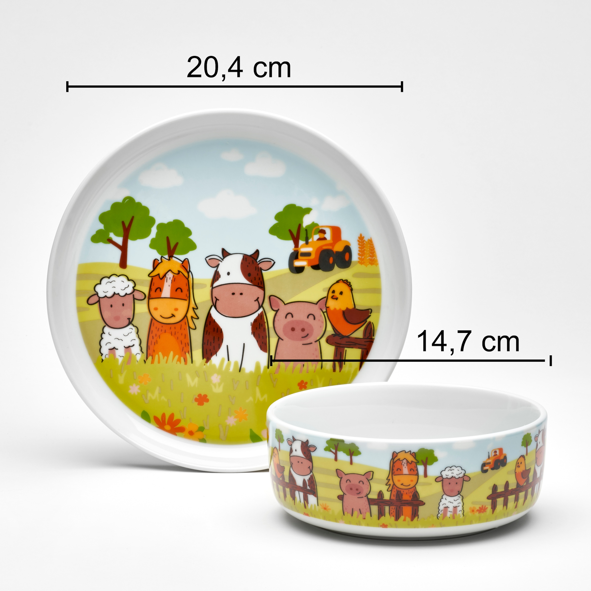 van Well Kindergeschirr-Set »Kinderset Bauernhof, 3-teilig, Geschirr-Set, Service« mit farbenfrohem Dekor, spülmaschinen- und mikrowellengeeignet