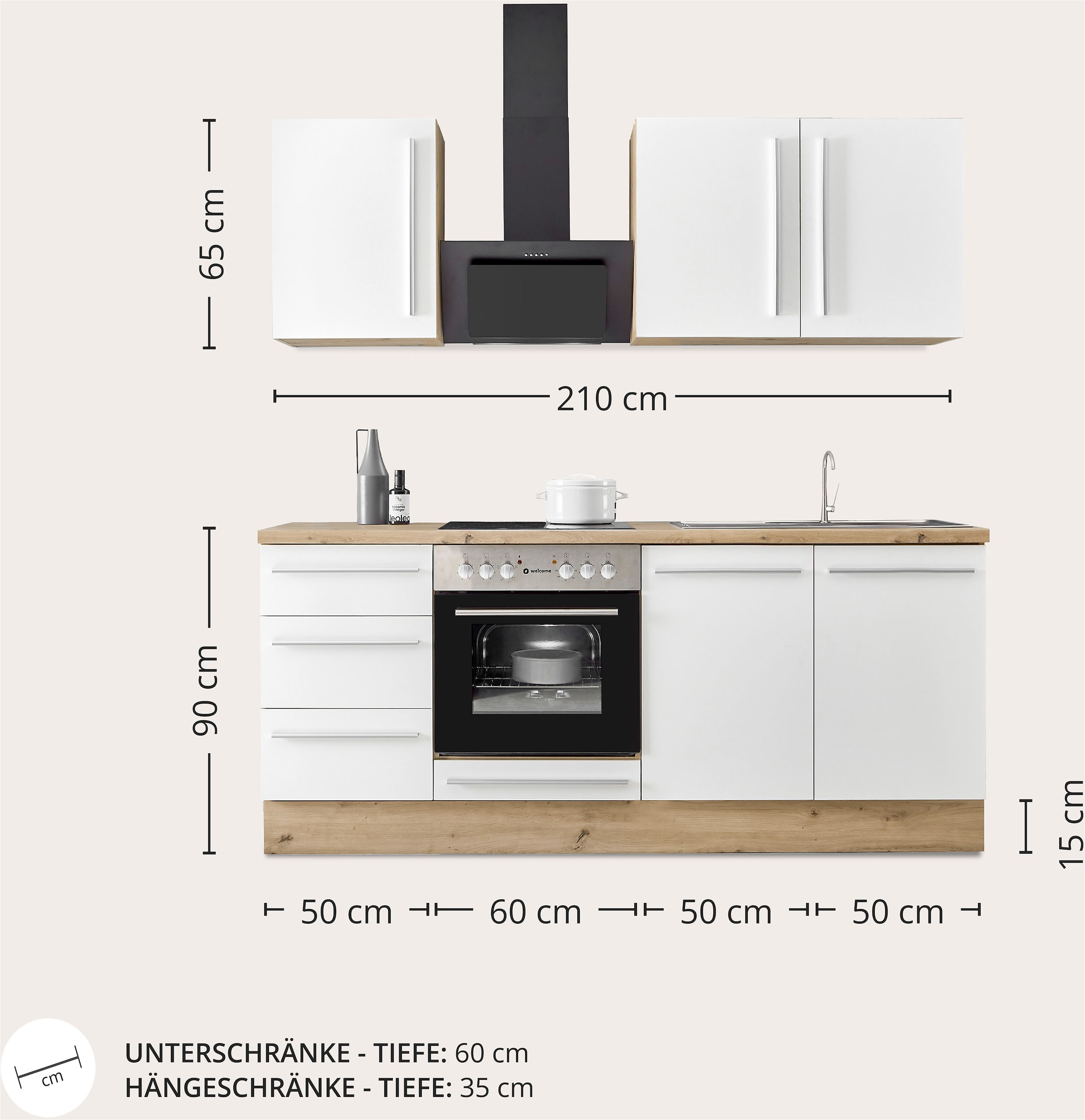 KOCHSTATION Küchenzeile »KS-Florida mit 38mm starker Arbeitsplatte«, Breite 210 cm, wahlweise mit E-Geräten, Soft-Close-Funktion