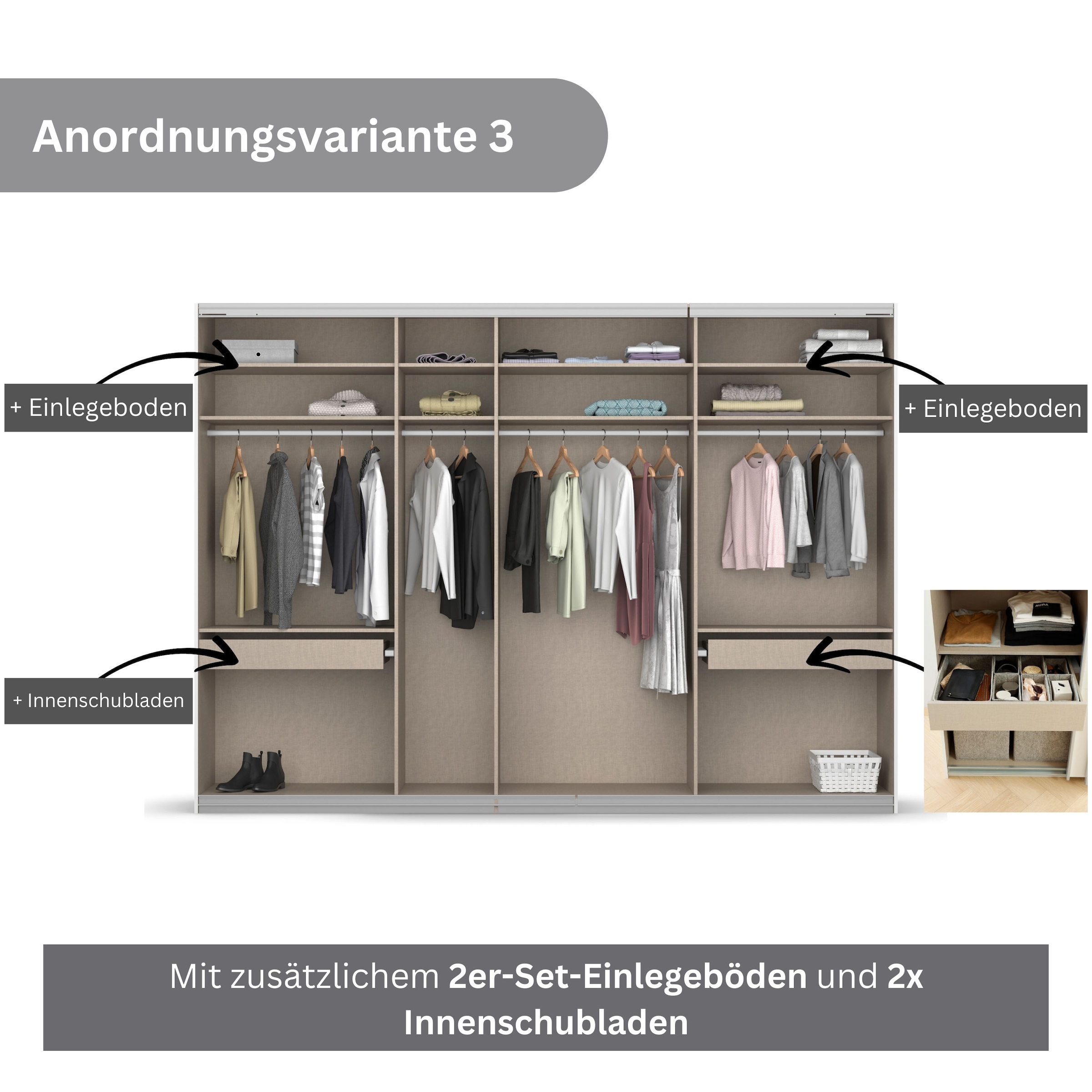 rauch Schwebetürenschrank »Kleiderschrank Schrank Garderobe KOLUNA mit Dekor-Front«, inkl. 2 Innenschubladen sowie extra Einlegeböden MADE IN GERMANY