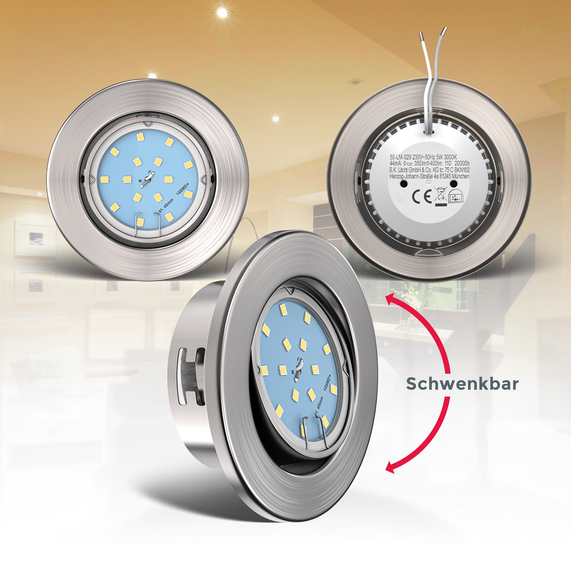 B.K.Licht LED Einbauleuchte »10er Set Einbaustrahler, Ultraflache Spots, Schwenkbare Deckenspots« LED-Modul 10 Stk. Warmweiß 3.000K, 400Lm, 4,8W, Kunststoff, 8,6 x 2,6 cm, Nickel