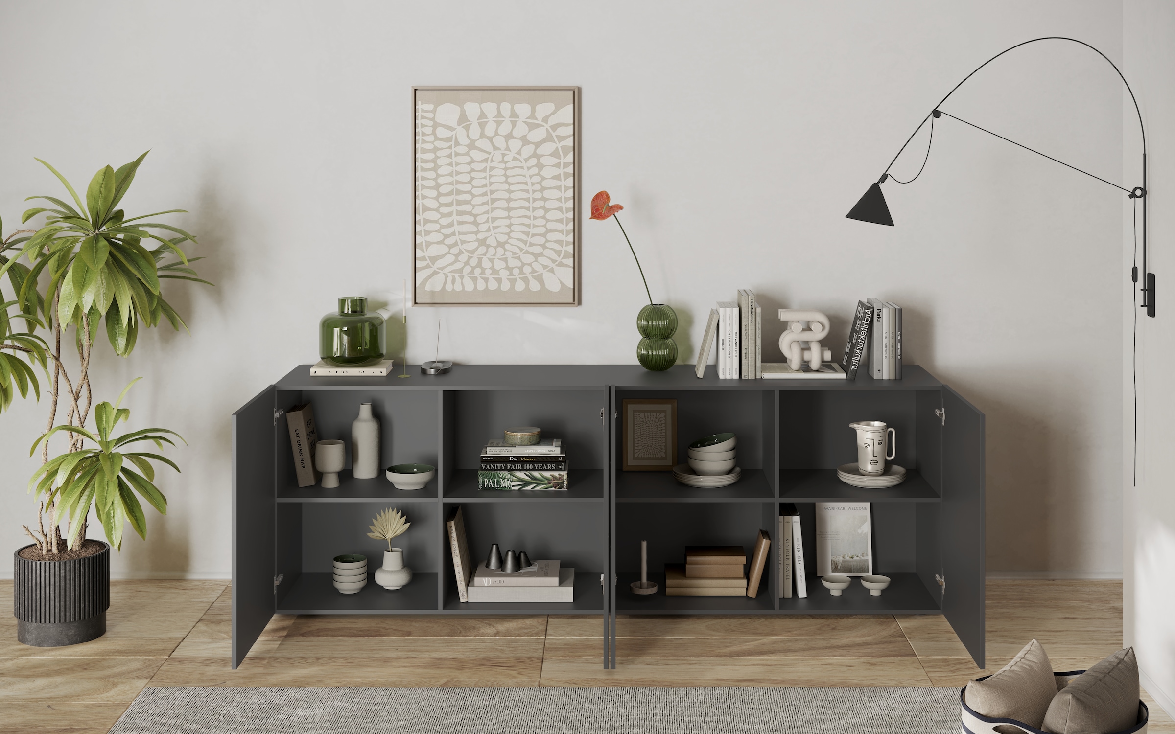 INOSIGN Sideboard »Snake, Kommode, Anrichte, Stauraummöbel Breite 241 cm, Siebdruck-Front«, moderne Wohnmöbel, 4 Türen, viel Stauraum, stilvoll und funktional