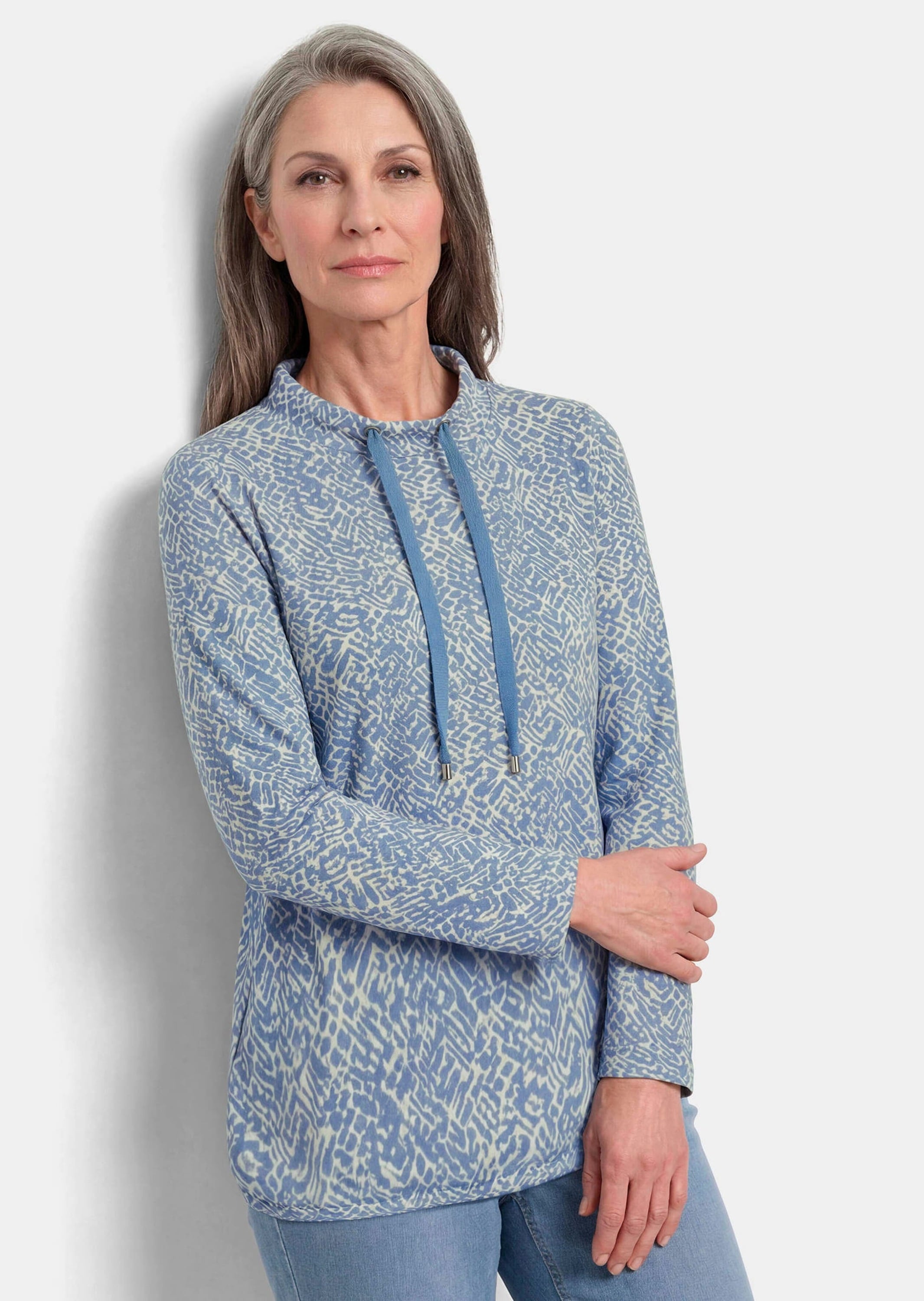 GOLDNER Sweatshirt »Sweater mit grafischem Druck«, Tunnelzug im Stehbund mit Kordelstoppern
