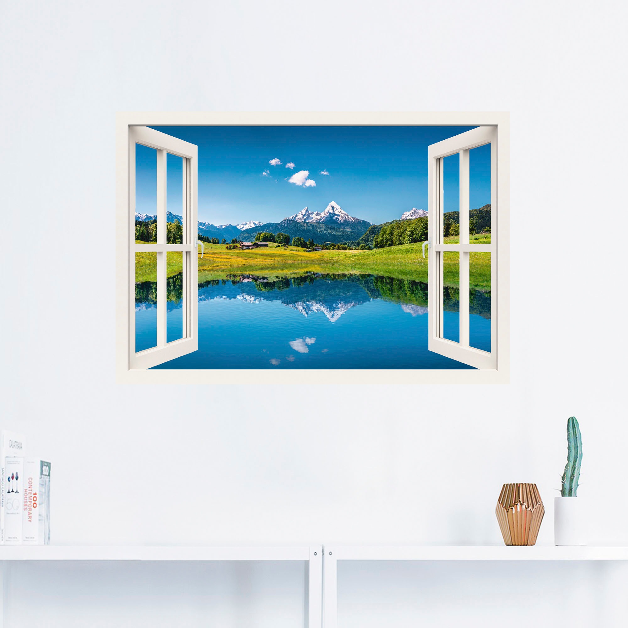 Artland Wandbild »Fensterblick Alpen und Bergsee«, Berge, (1 St.), als Leinwandbild, Poster, Wandaufkleber in verschied. Größen