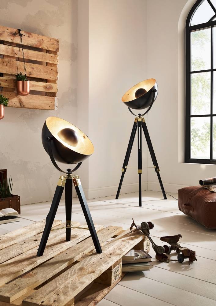 EGLO Stehlampe »COVALEDA Stehlampe, Holz und Stahl, E27, IP20, Industrial, Lampe«, 1 flammig, Leuchtmittel E27 | ohne Leuchtmittel, Stehleuchte, H164 x Ø55 cm, schwarz, messing, gold, 1X60W exkl.