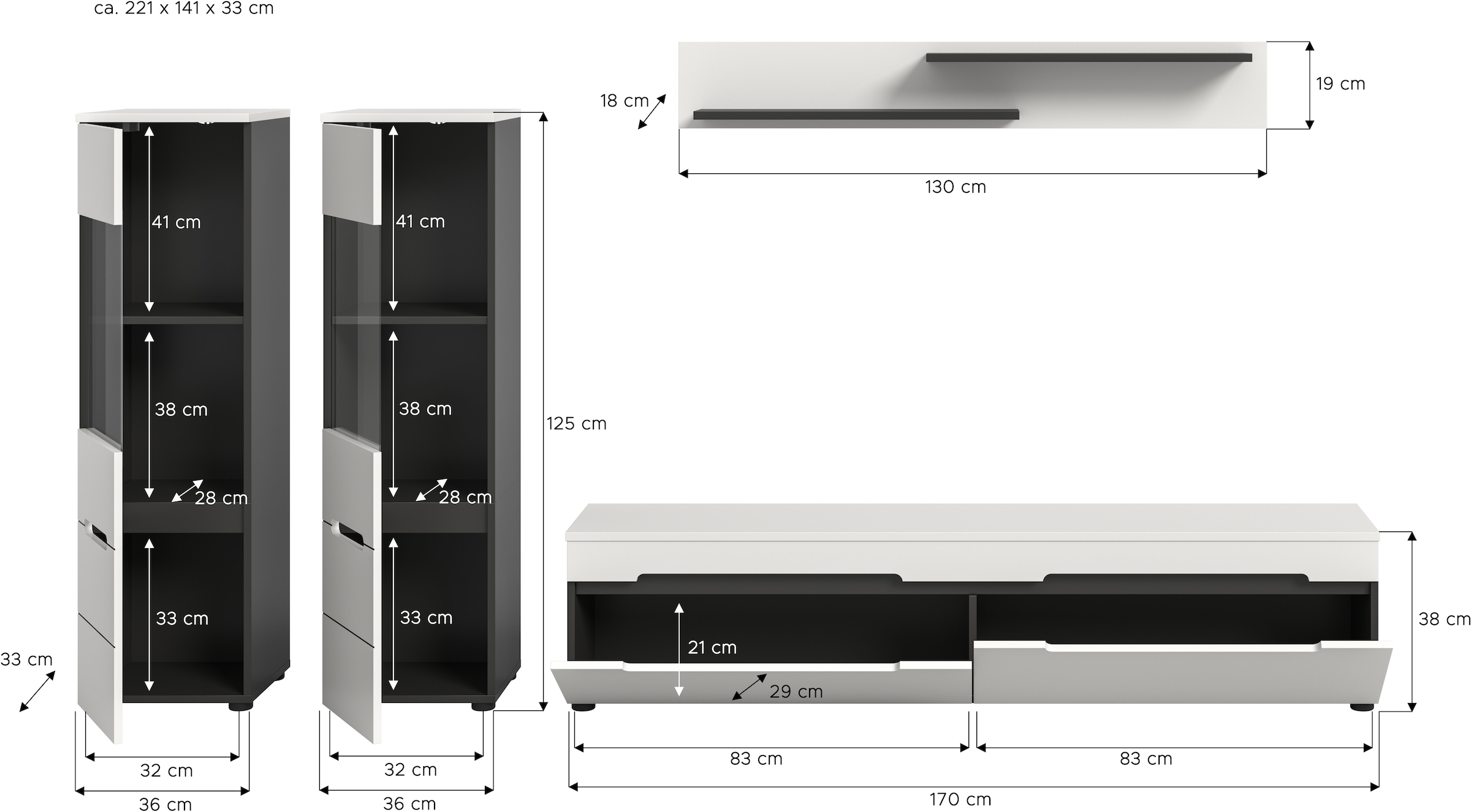 Home affaire Wohnwand »REHAT, TOPSELLER!, 4-teilig, wahlweise stehend und hängend montierbar« Set bestehend aus: 2x Vitrine, Lowboard und Wandboard, 3 Stk. tlg.