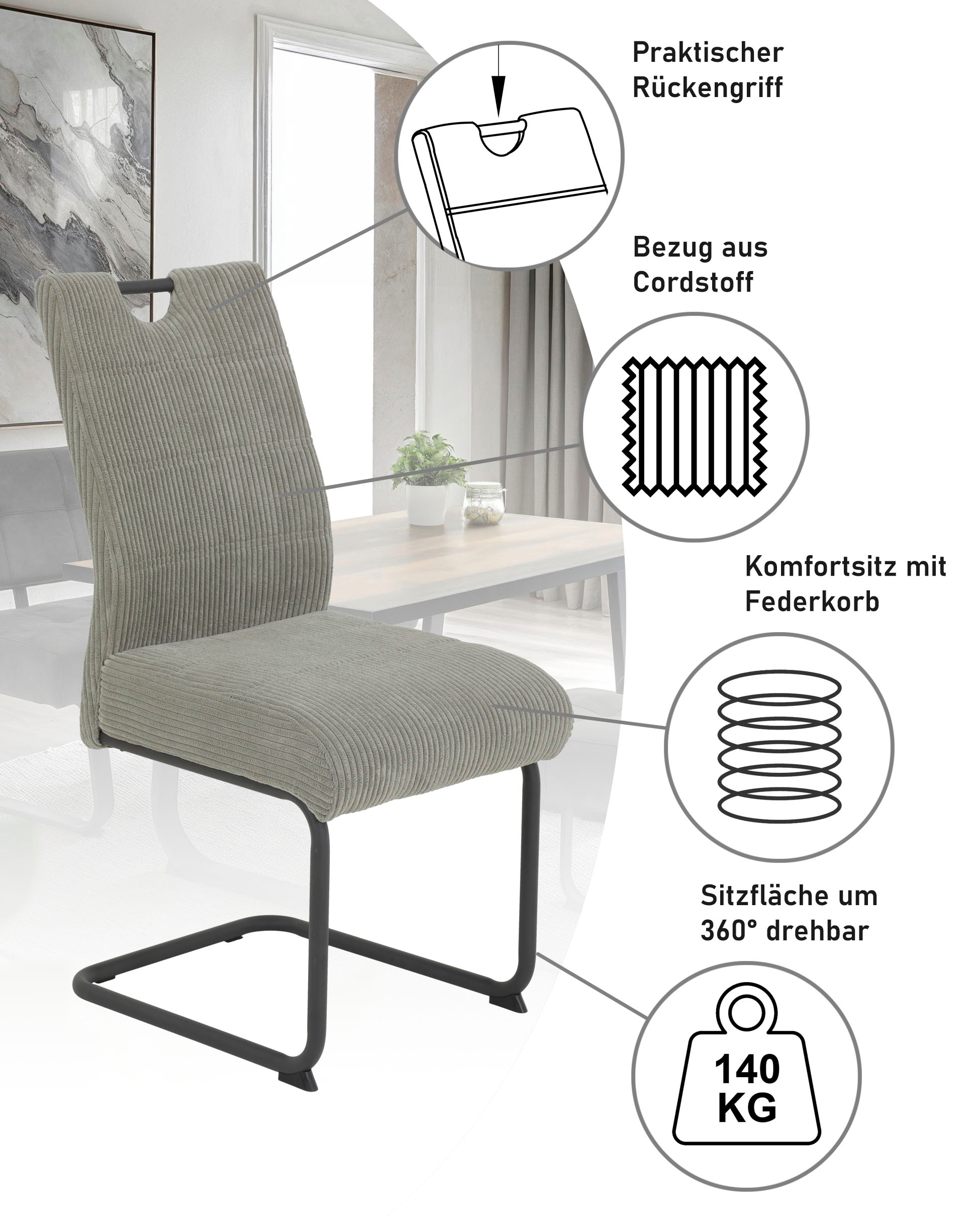 HELA Freischwinger »MERKUR XL« (Set) 2 Stk.Federkern, 140 Kg Belastbarkeit, Cord Bezug, 2er & 4er Set