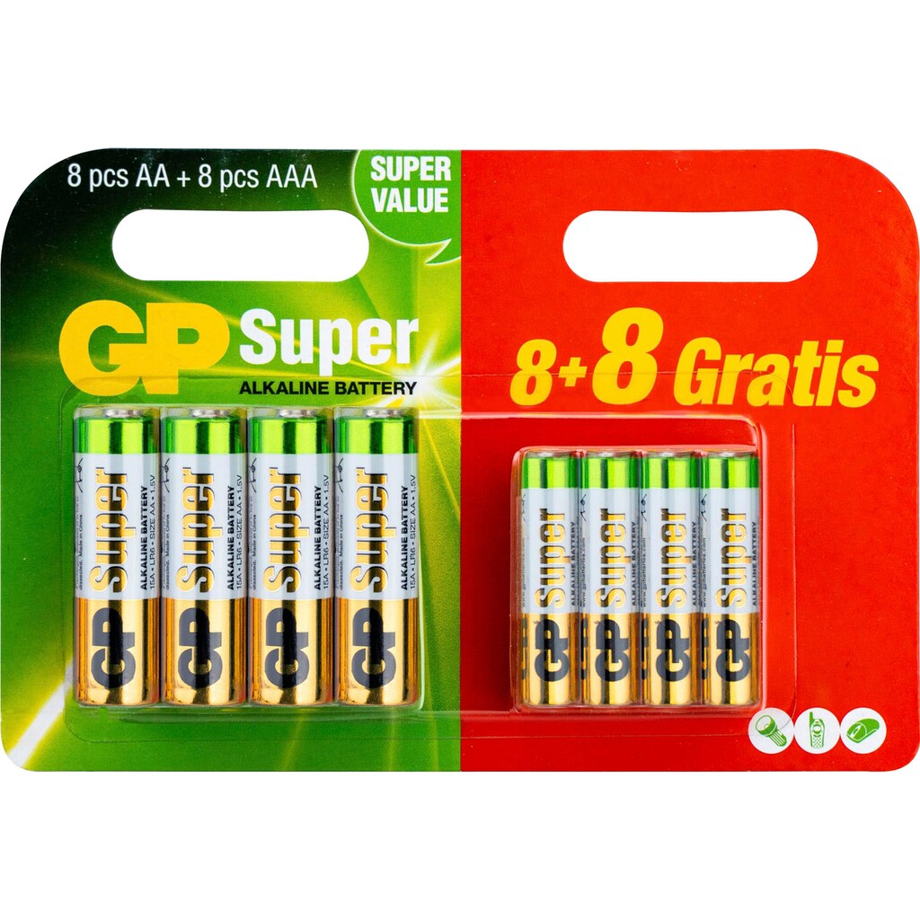 GP Batteries Batterie »16er Pack Mix Blister 8 Stck AA & 8 Stck AAA«, LR6, 1,5 V, (Packung, 16 St.)