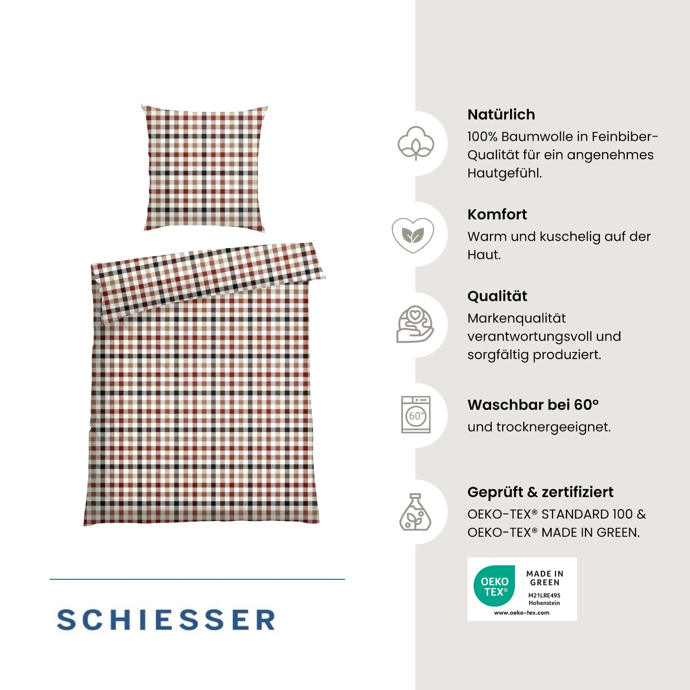 Schiesser Bettwäsche »James aus weichem Baumwoll-Feinbiber mit traditionellen Karos« 2 Stk. OEKO-TEX® MADE IN GREEN