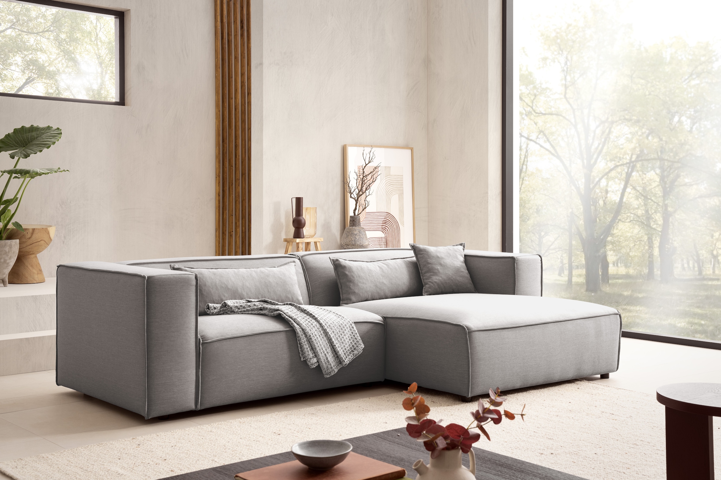 LeGer Home by Lena Gercke Ecksofa "PIARA Struktur u. Leinenoptik mit Kedernaht L-Form" wahlweise Ottomane rechts/links, schwarze Füße, bequemer Sitzkomfort