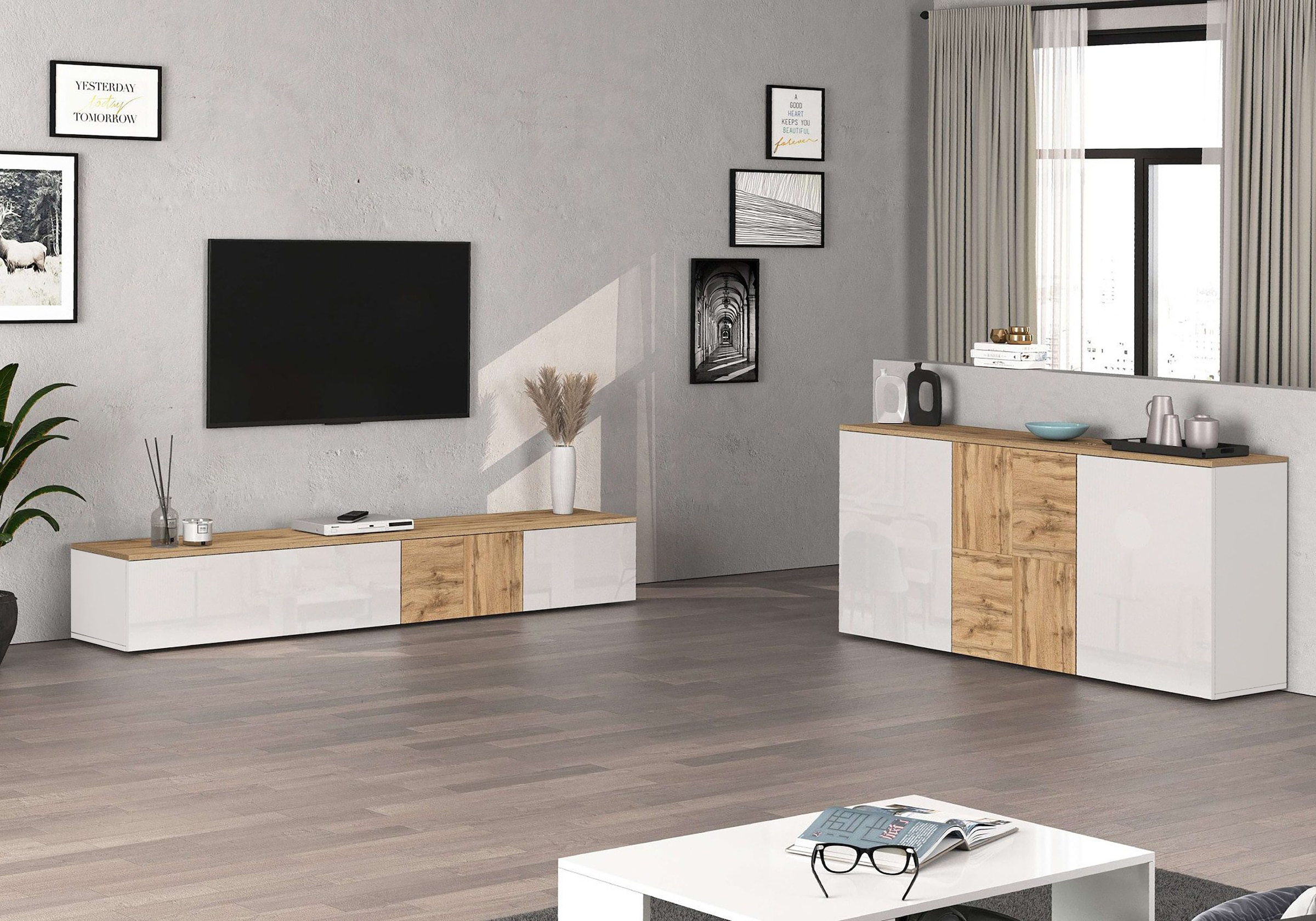 OTTO home Lowboard »ISEO, TV-Kommode,TV-Möbel,TV-Bank, 3 Fächer, Breite 200 cm« 1 Stk. tlg. stehend/hängend, 1 Klappe, 2 Türen Hochglanz lackiert, Made in Italy