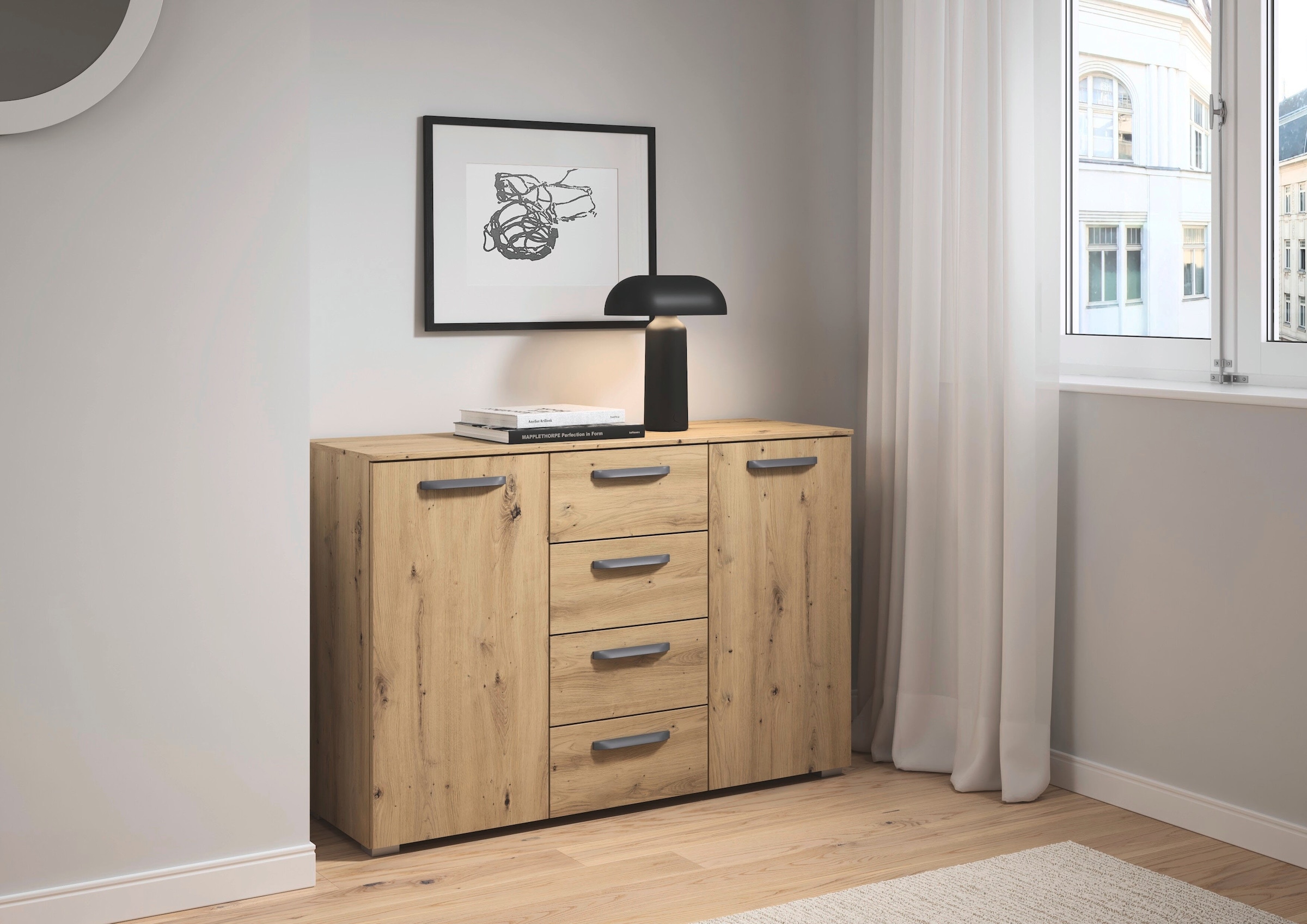 rauch Kombikommode »Sideboard Schubladenkommode OTELI mit Dekor- und Hochglanzfront« Breite 120 cm inkl. Soft-Close-Funktion,  vier große Schubladen und 2 Türen, mit 4 Einlegeböden MADE IN GERMANY