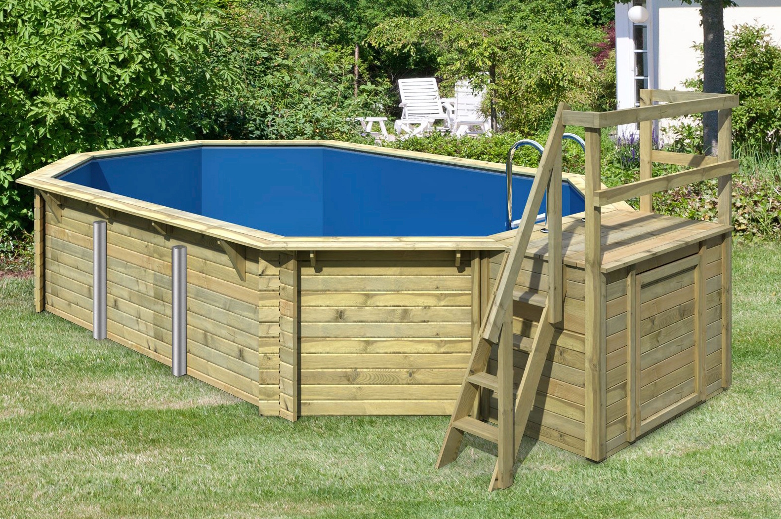 Karibu Massivholzpool-Set 'Modell 4 B' 400 x 610 x 124 cm mit Sonnendeck und Tiefbeckenleiter
